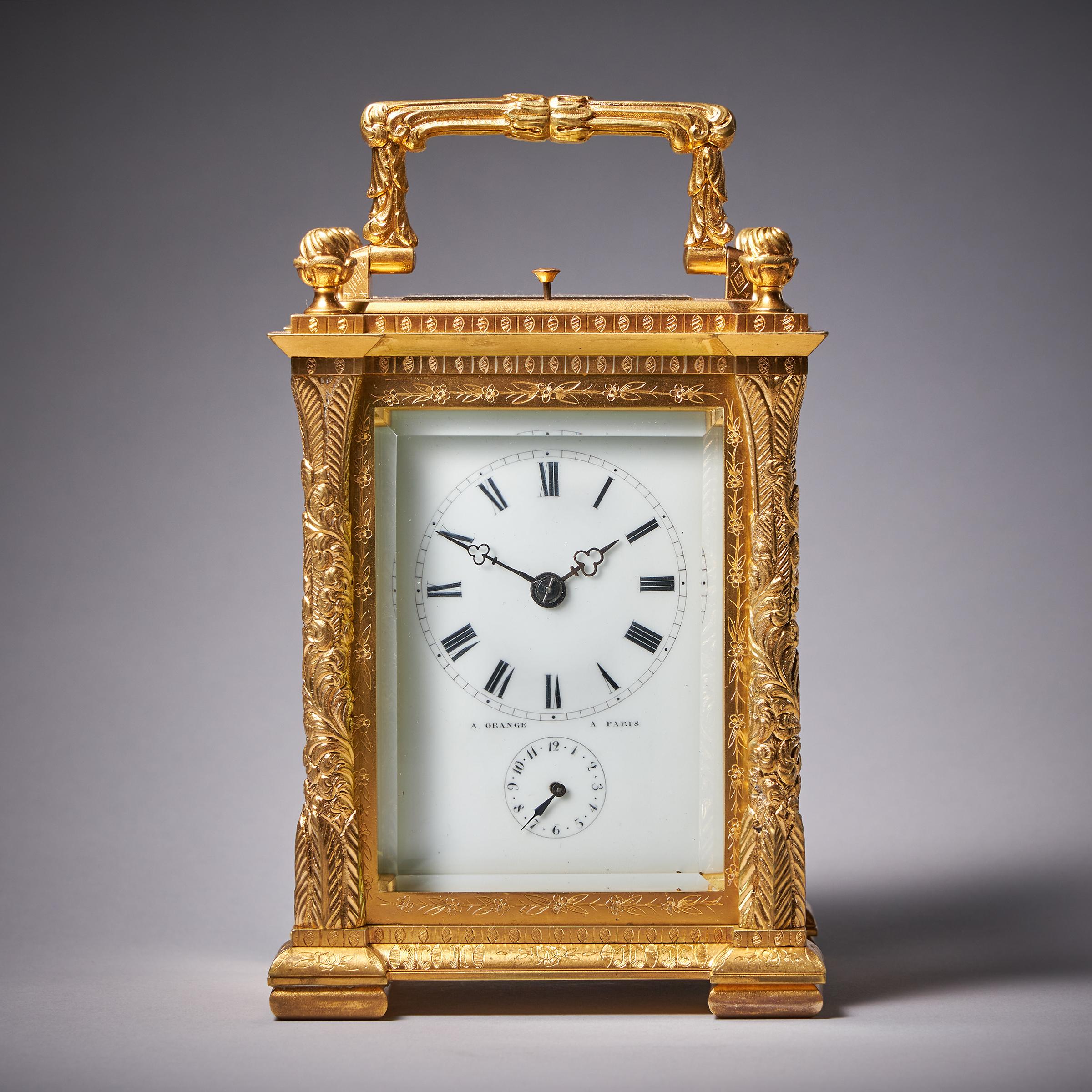 Louis Philippe 19th Century Eight Day Gilt Brass Carriage Clock with Alarm by Orange, Paris