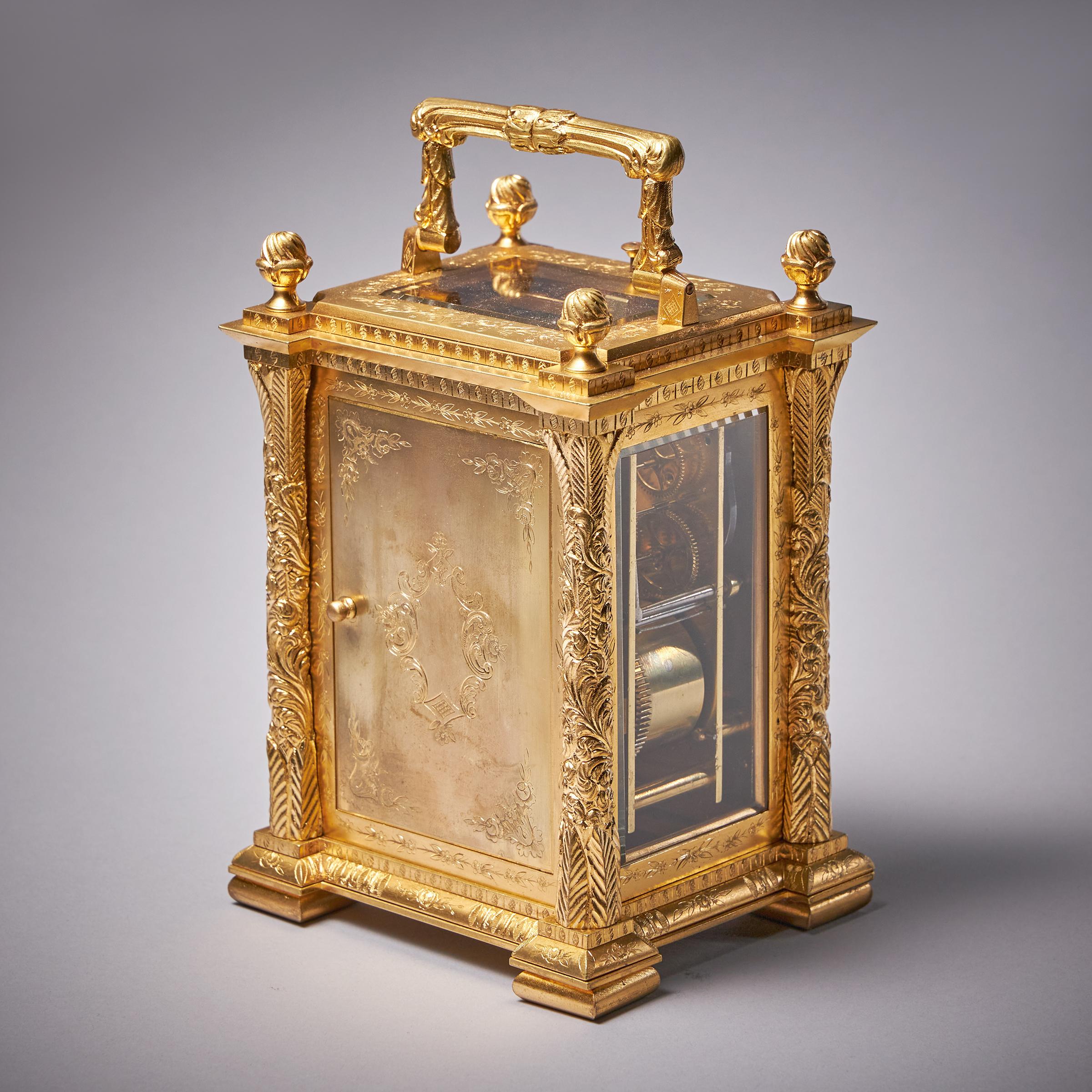19th Century Eight Day Gilt Brass Carriage Clock with Alarm by Orange, Paris 1