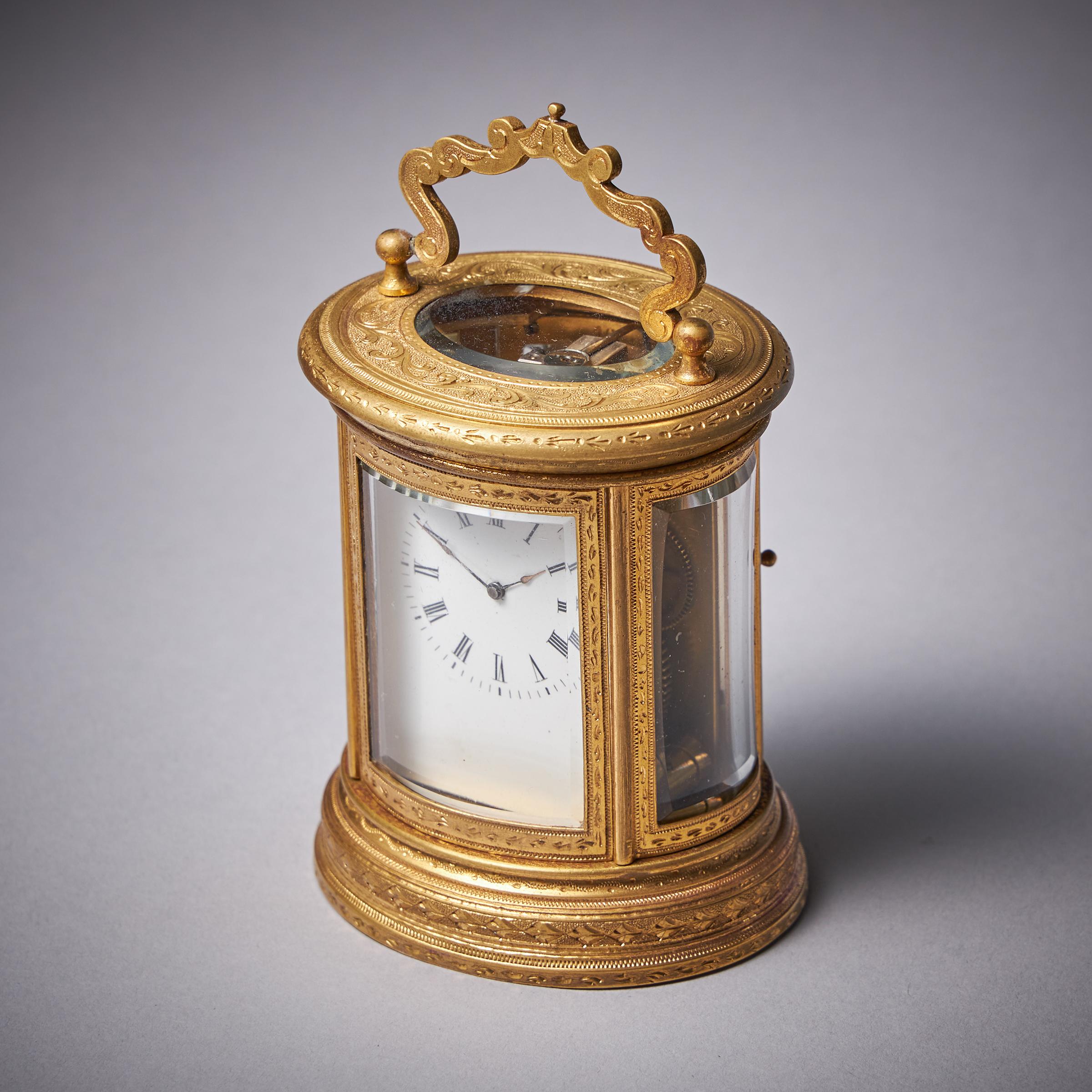 French 19th Century Eight-Day Miniature Gilt-Brass Carriage Clock with Original Case For Sale