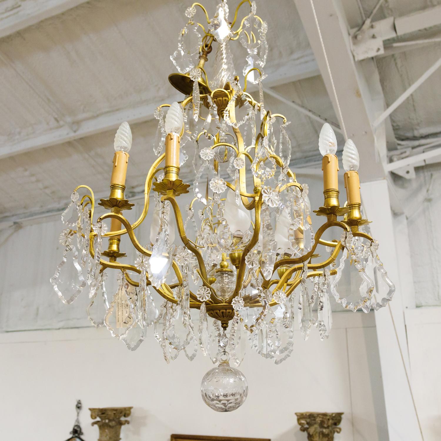 Late 19th Century 19th Century Eight-Light French Bronze Dore and Crystal Chandelier
