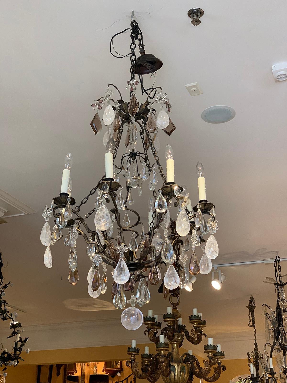 19th century eight-light rock crystal, amethyst chandelier, iron frame.
Brand new wiring.