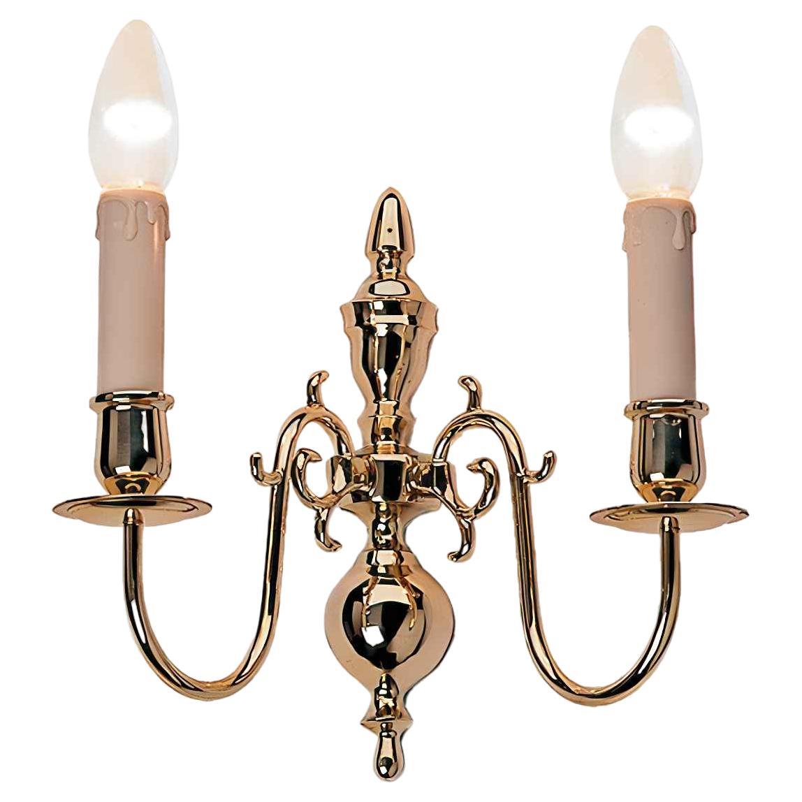 19th Century Electric Model Dutch Brass Wall Chandelier with 2 Lights H25xW22 For Sale