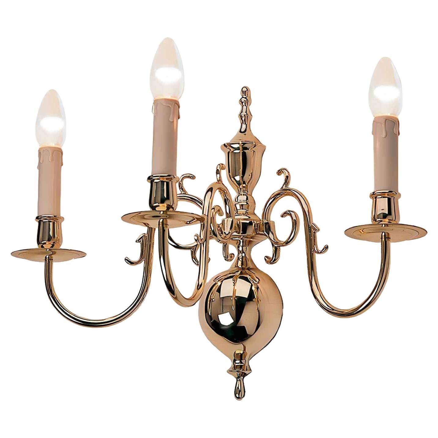 19th Century Electric Model Dutch Brass Wall Chandelier with 3 Lights H37xW44 For Sale