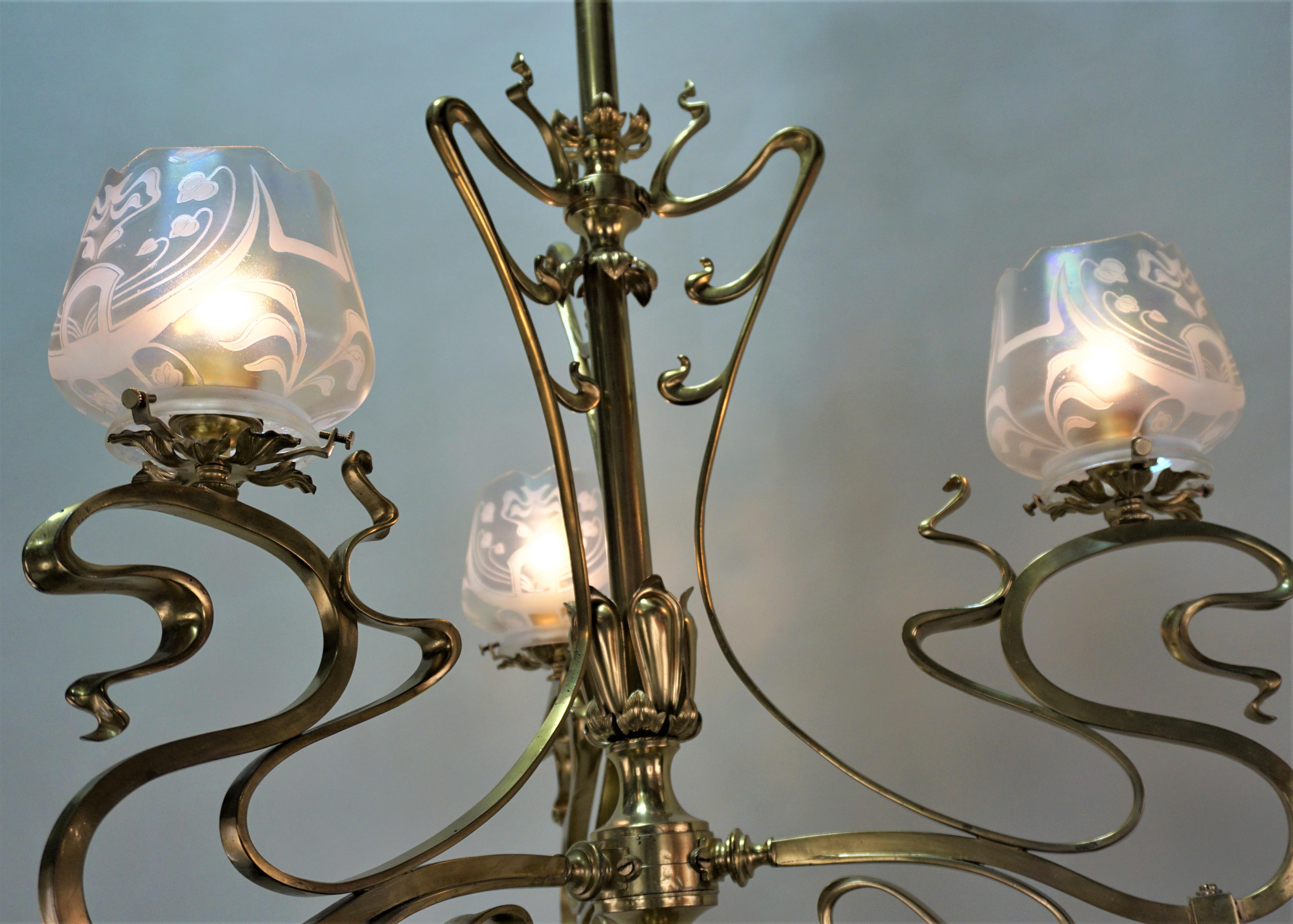 European 19th Century Electrified Art Nouveau Gas Chandelier