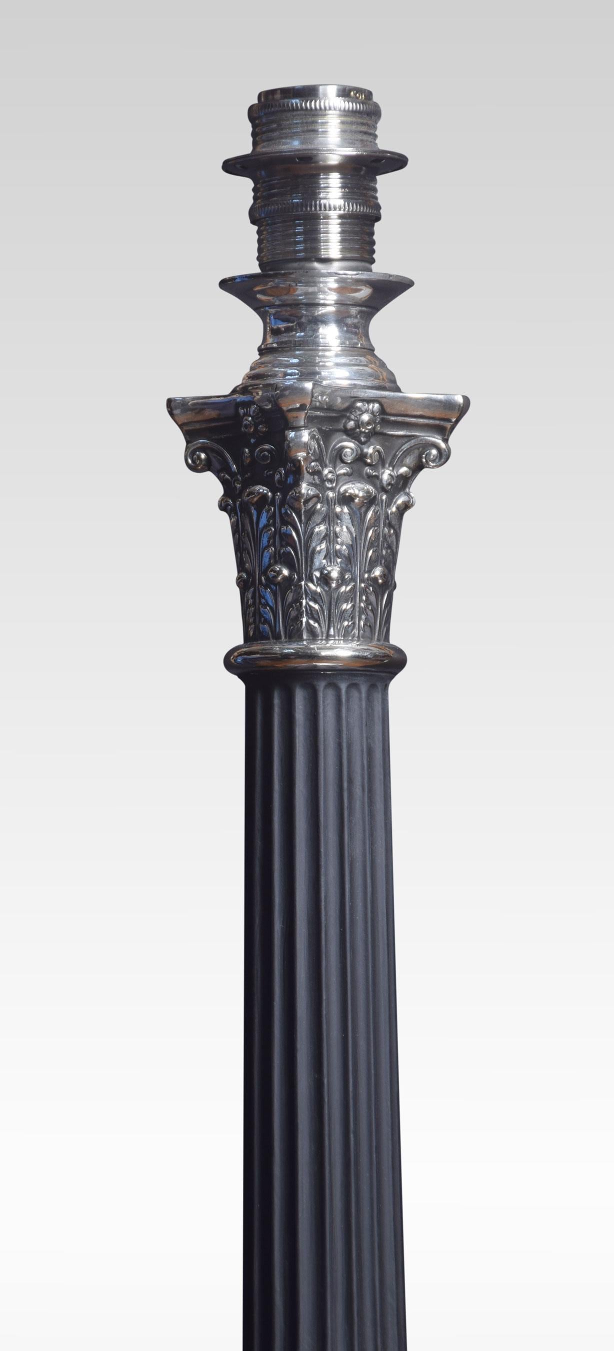 Electroplated table lamp, having a Corinthian column on a stepped square base. The lamp has been rewired.
Dimensions:
Height 19.5 inches
Width 7 inches
Depth 7 inches.
