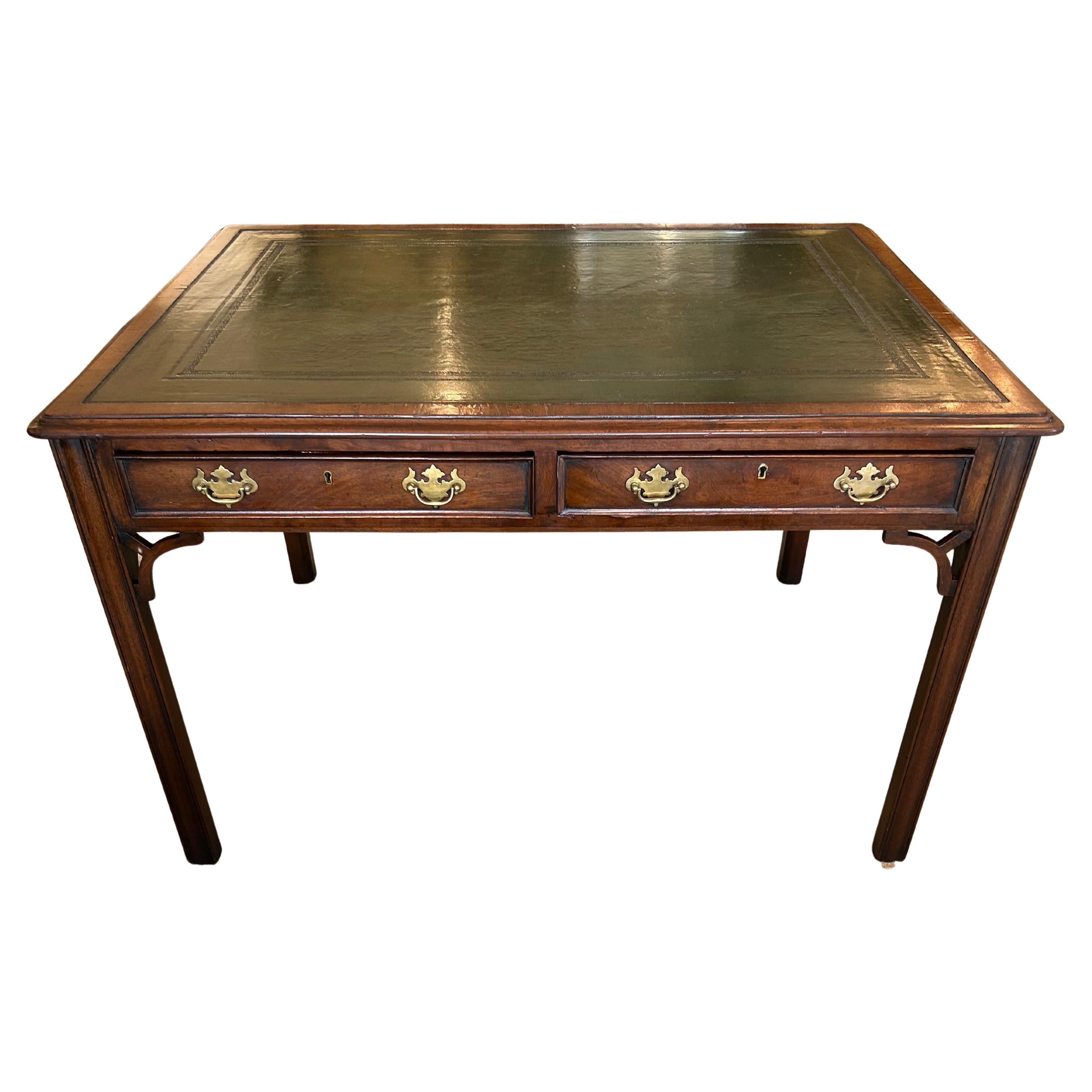 19th Century Elegant Mahogany 
Green Tooled Leather Two Sided Writing Desk