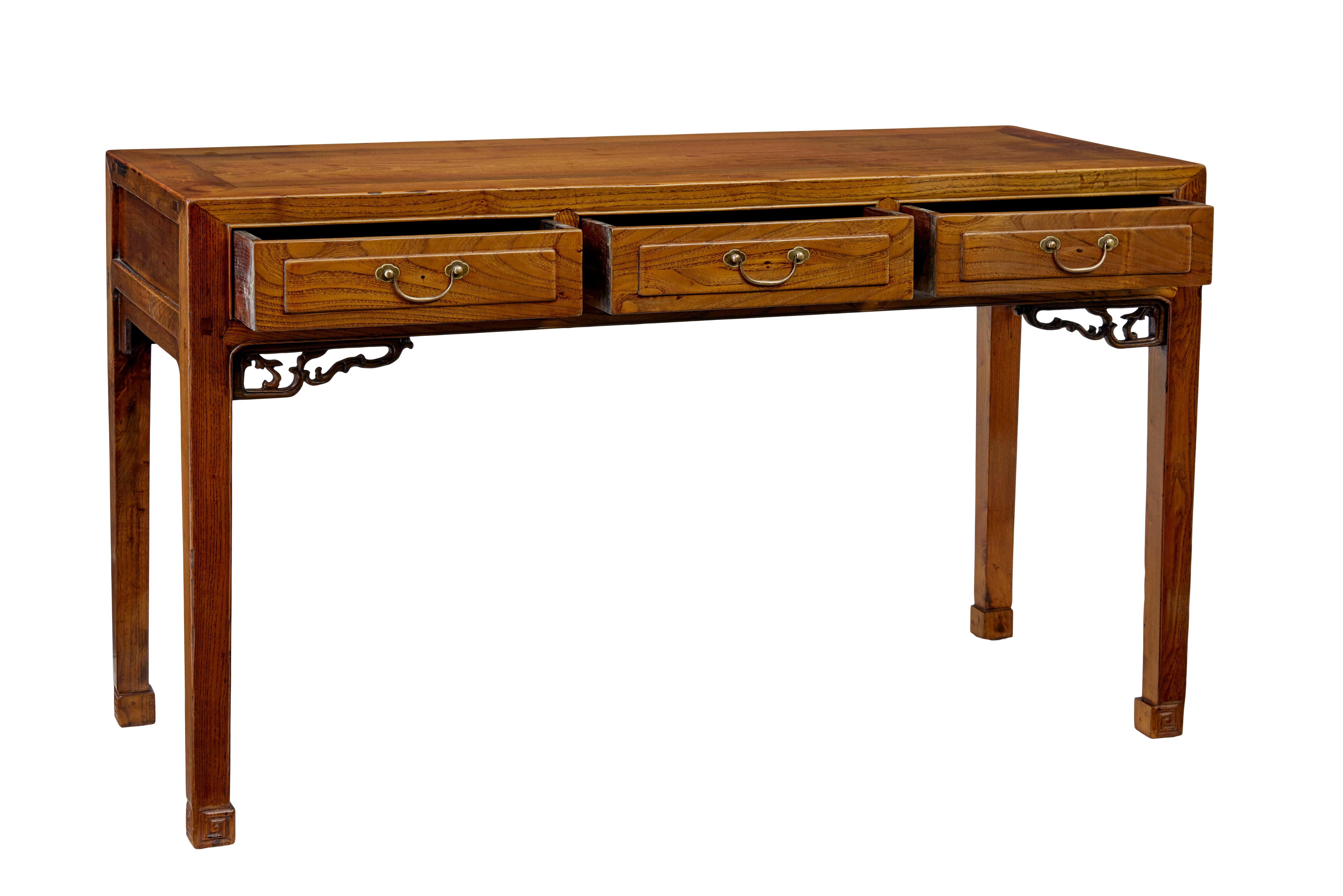 19th century elm Chinese console table sideboard circa 1890.

Good quality console table, which could be used in multiple rooms around the home such as the living room, hallway or bedroom.

3 drawers below the rectangular top, fitted with brass