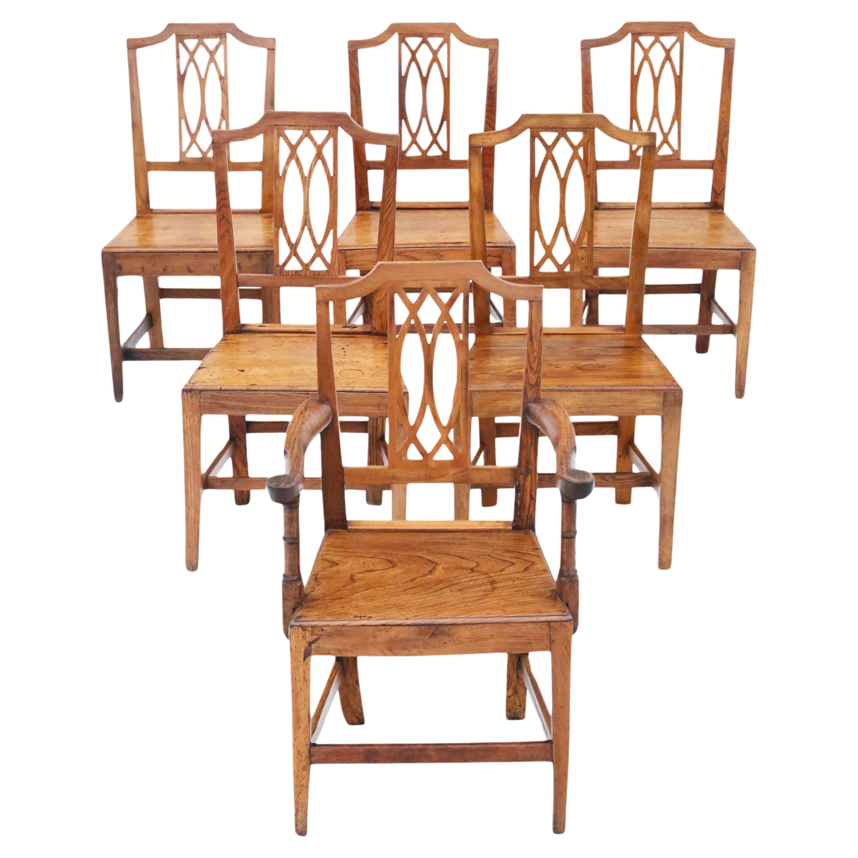 19th Century Elm Kitchen Dining Chairs: Set of 6 (5+1), Antique Quality For Sale