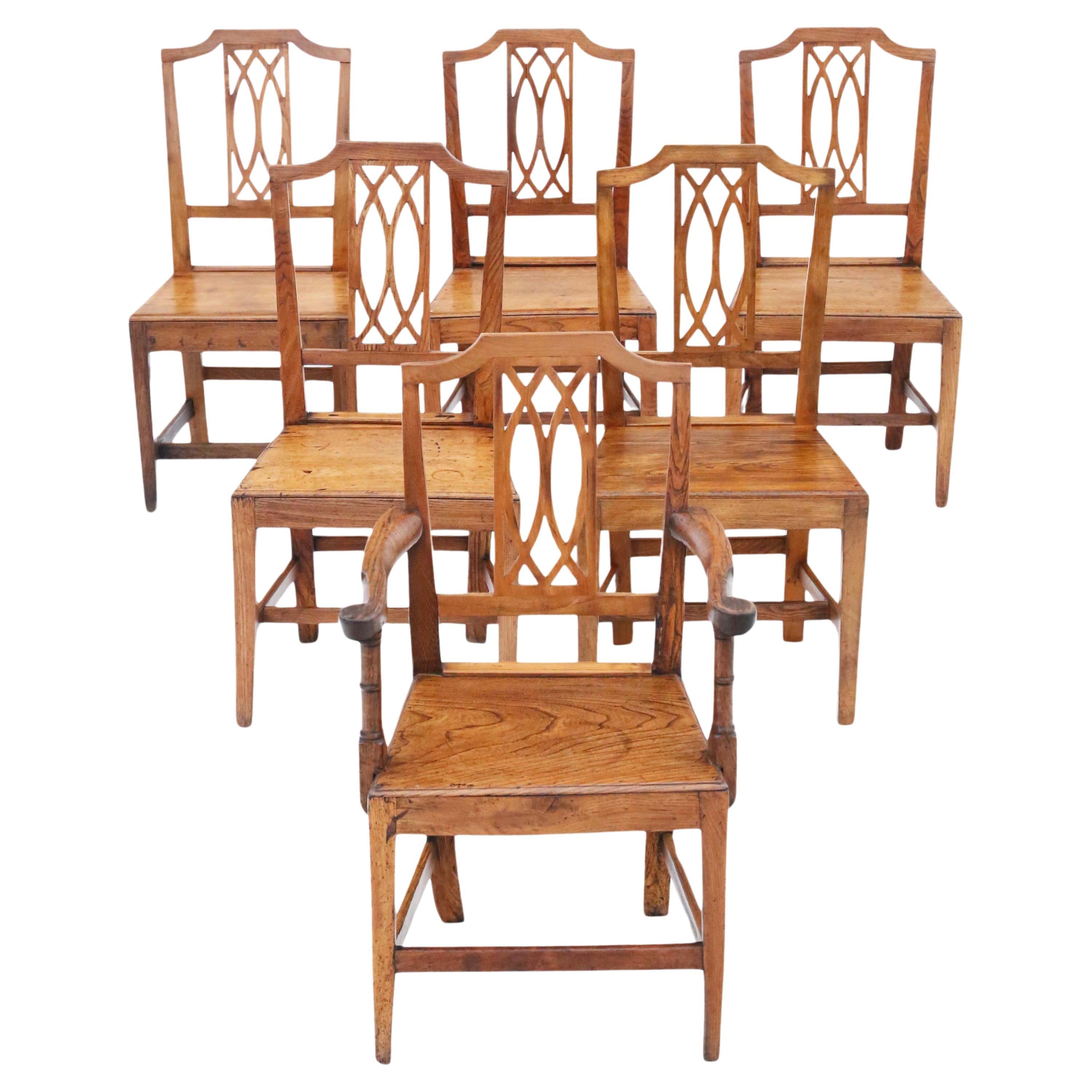 19th Century Elm Kitchen Dining Chairs: Set of 6 (5+1), Antique Quality