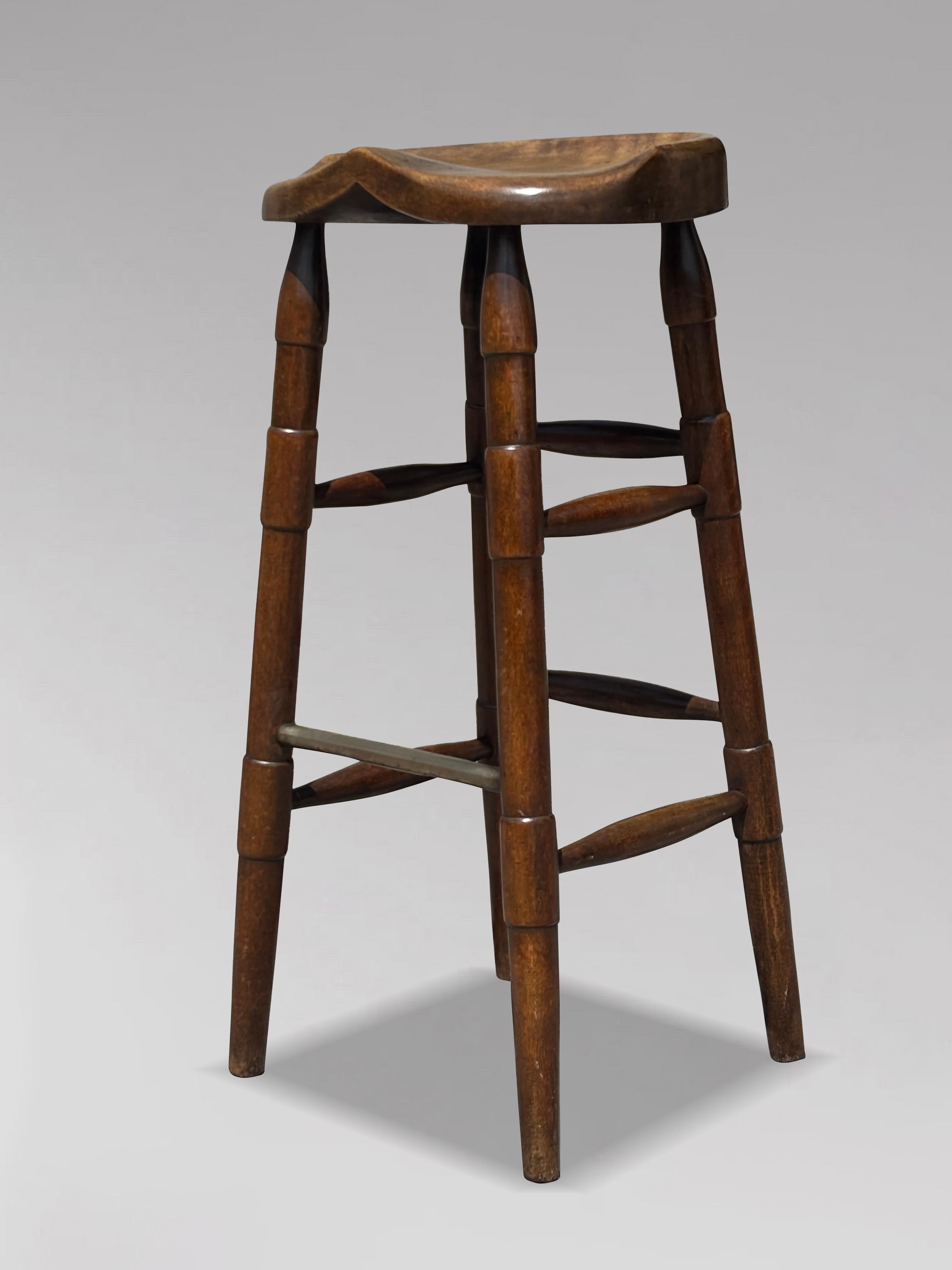 Brass 19th Century Elm Tall Bar Saddle Seat Stool For Sale