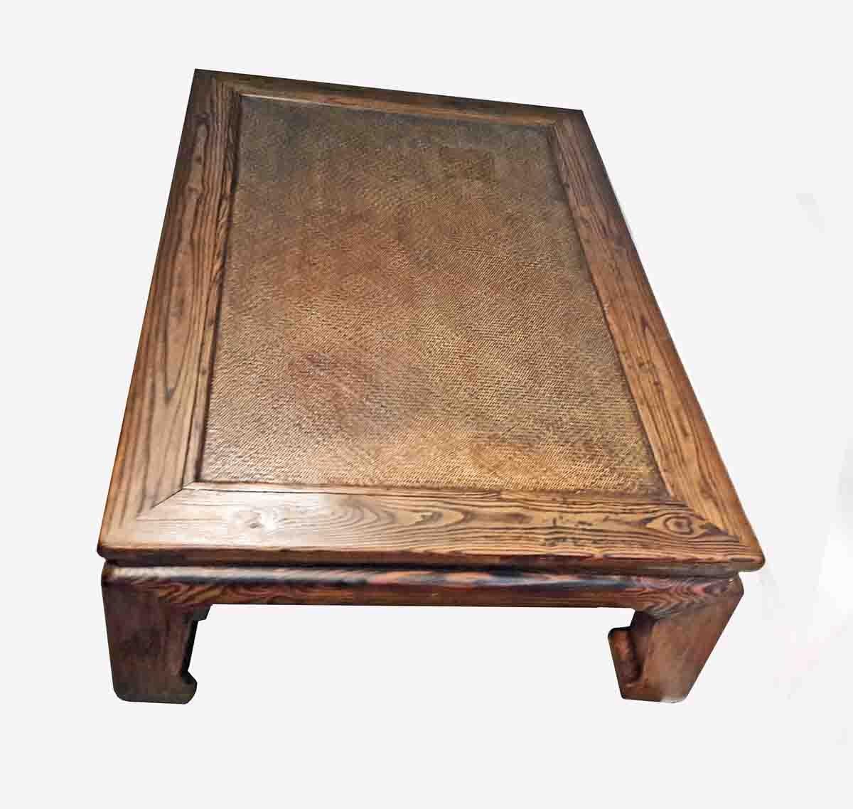 A rectangular coffee table with corner legs and textured center made of Northern elmwood (Jamu). China, late 19th century.