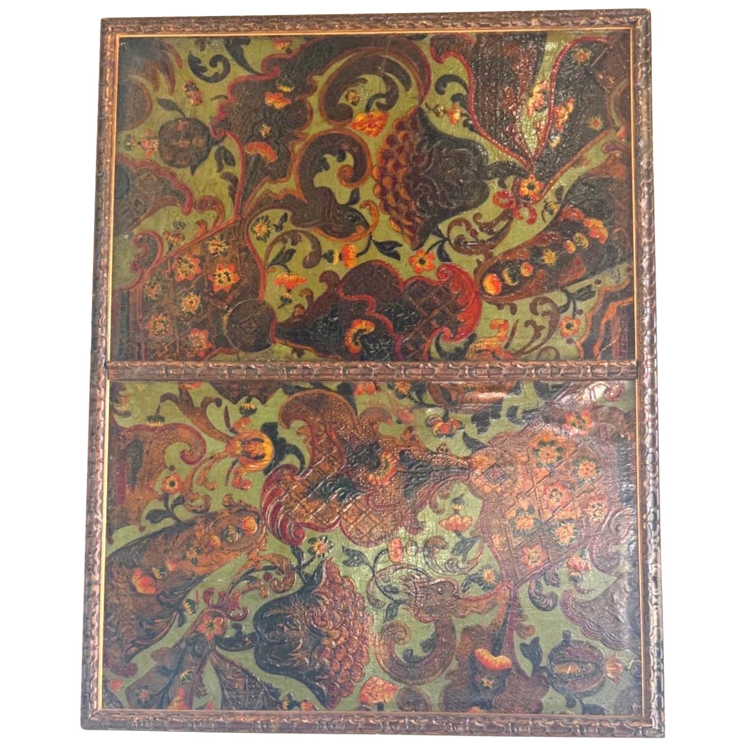 19th Century Embossed and Painted Leather Panel in the Baroque Taste in Frame