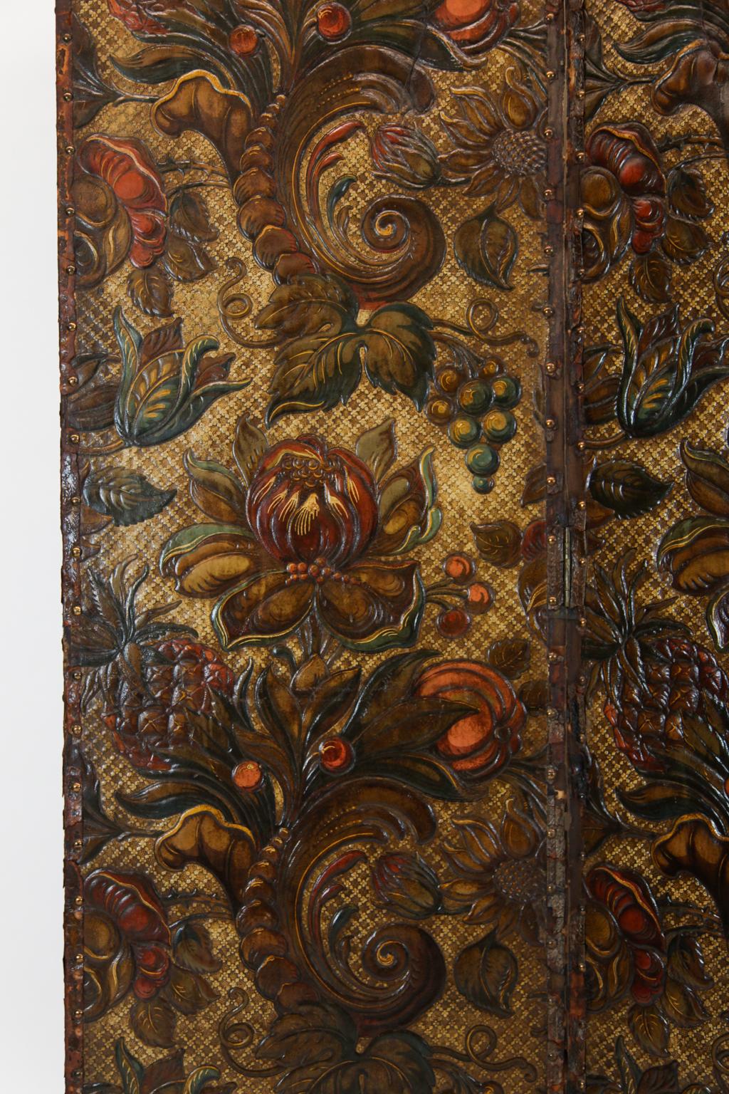 19th Century Embossed Leather Four Fold Screen In Good Condition In Wilson, NC