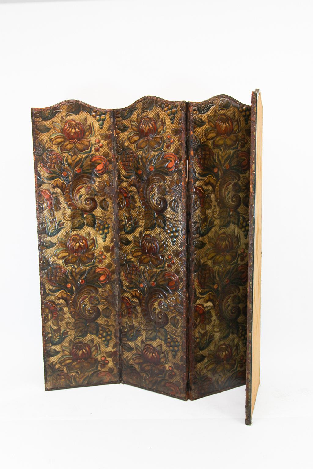 19th Century Embossed Leather Four Fold Screen 3