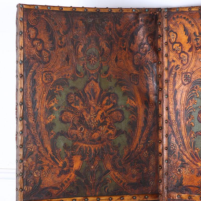 Spanish 19th Century Embossed Leather Four Panel Screen