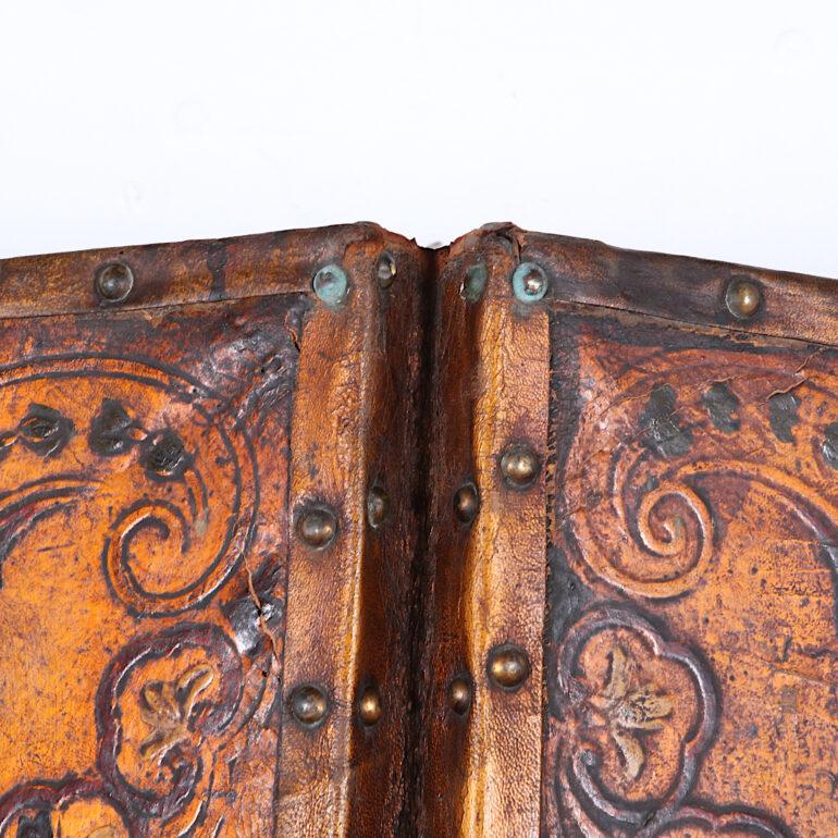 19th Century Embossed Leather Four Panel Screen 1