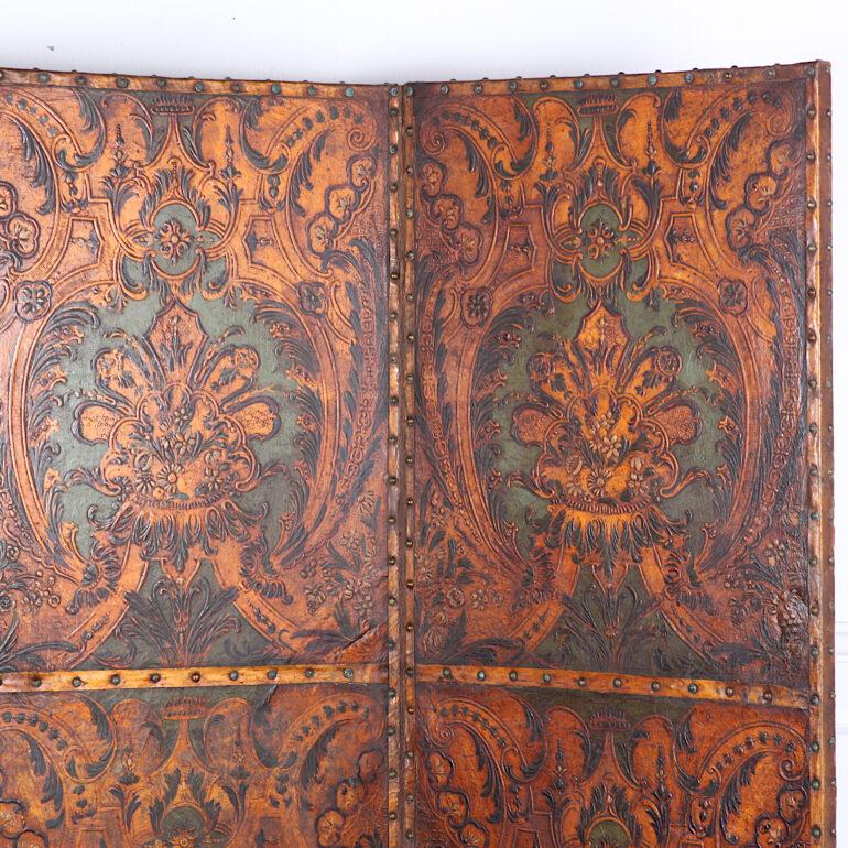 19th Century Embossed Leather Four Panel Screen 2