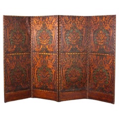 19th Century Embossed Leather Four Panel Screen