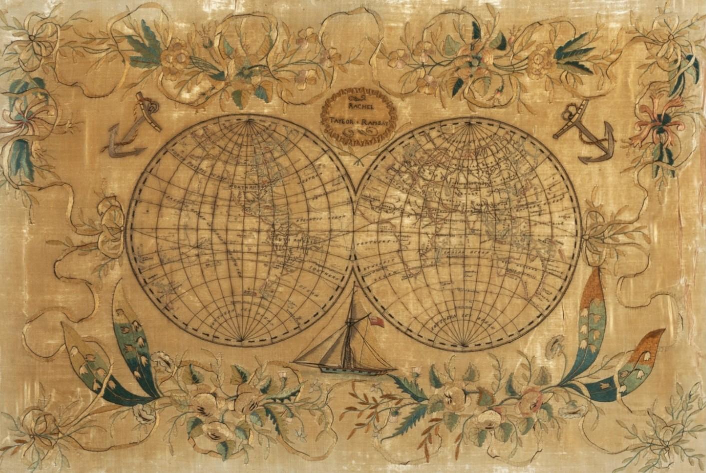 A rare and visually striking framed antique European embroidered silk panel. 

Exquisitely hand-crafted in Continental Europe in the 19th century, depicting map of the world, double hemisphere, having a highly attractive appearance, with finely