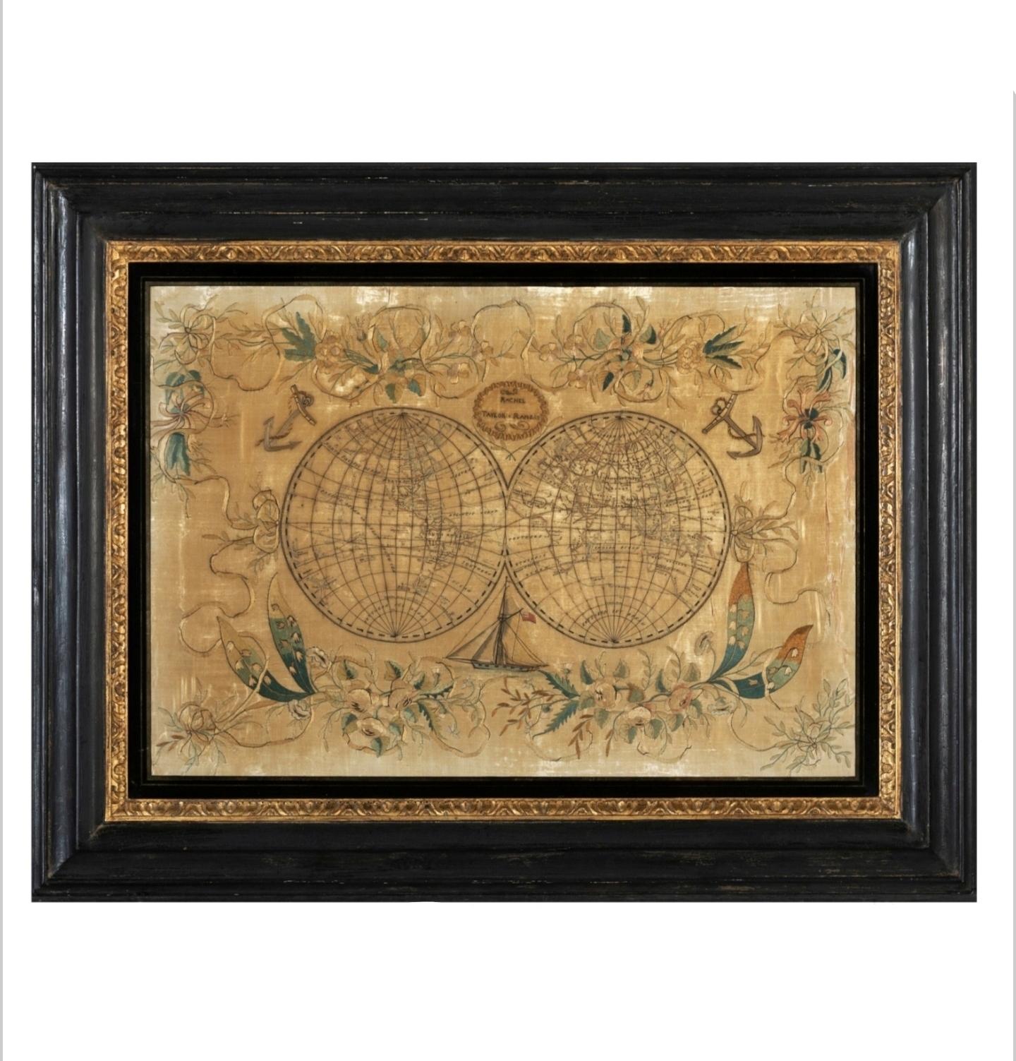 Panel De Seda Bordada Del Siglo XIX Mapa Del Mundo Victoriano en venta