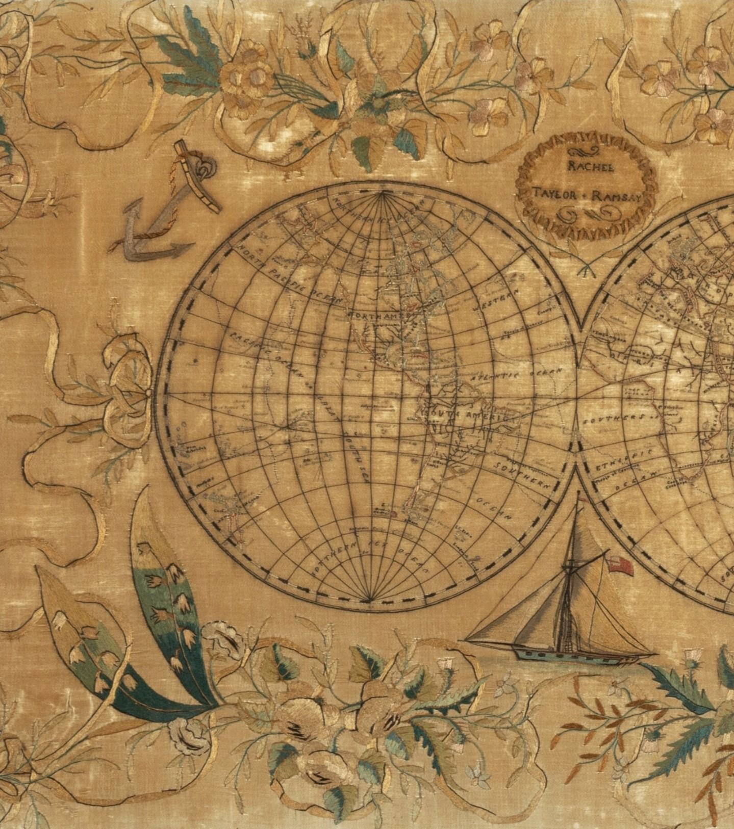 European 19th Century Embroidered Silk Panel Map Of The World For Sale