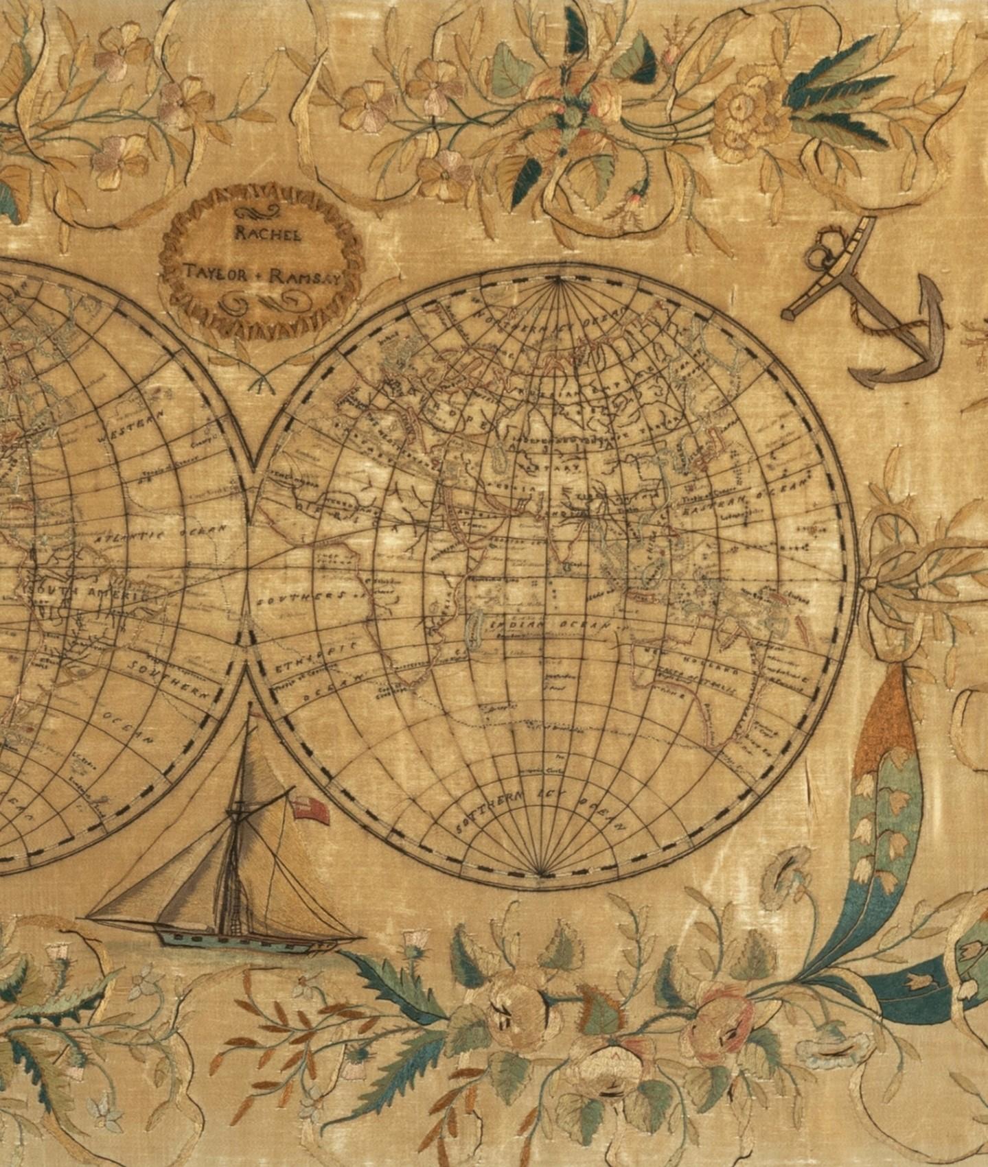 Hand-Crafted 19th Century Embroidered Silk Panel Map Of The World For Sale