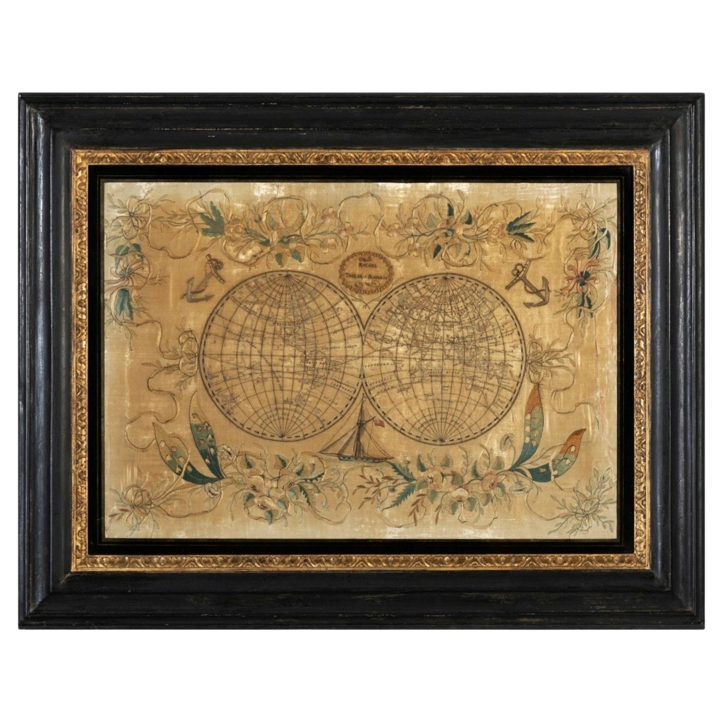 19th Century Embroidered Silk Panel Map Of The World