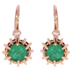 19th Century Emerald Diamond 18 Karat Rose Gold Lever, Back Earrings