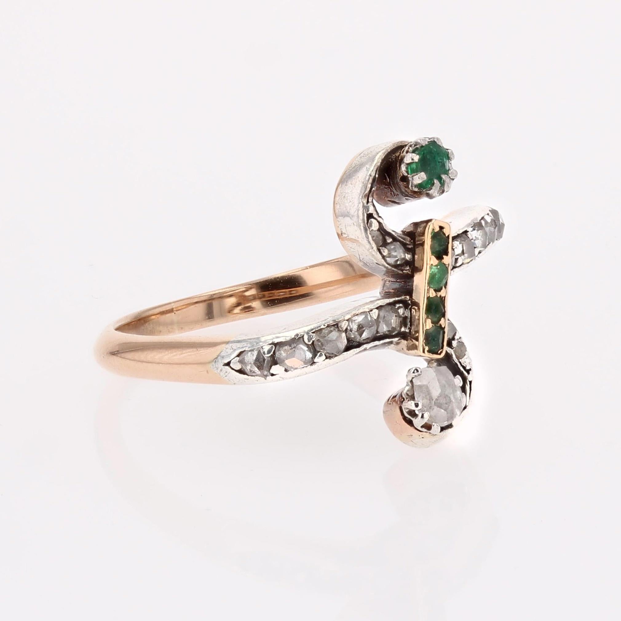 Smaragd-Diamant-Ring aus 18 Karat Roségold aus dem 19. Jahrhundert Du und ich im Zustand „Gut“ im Angebot in Poitiers, FR