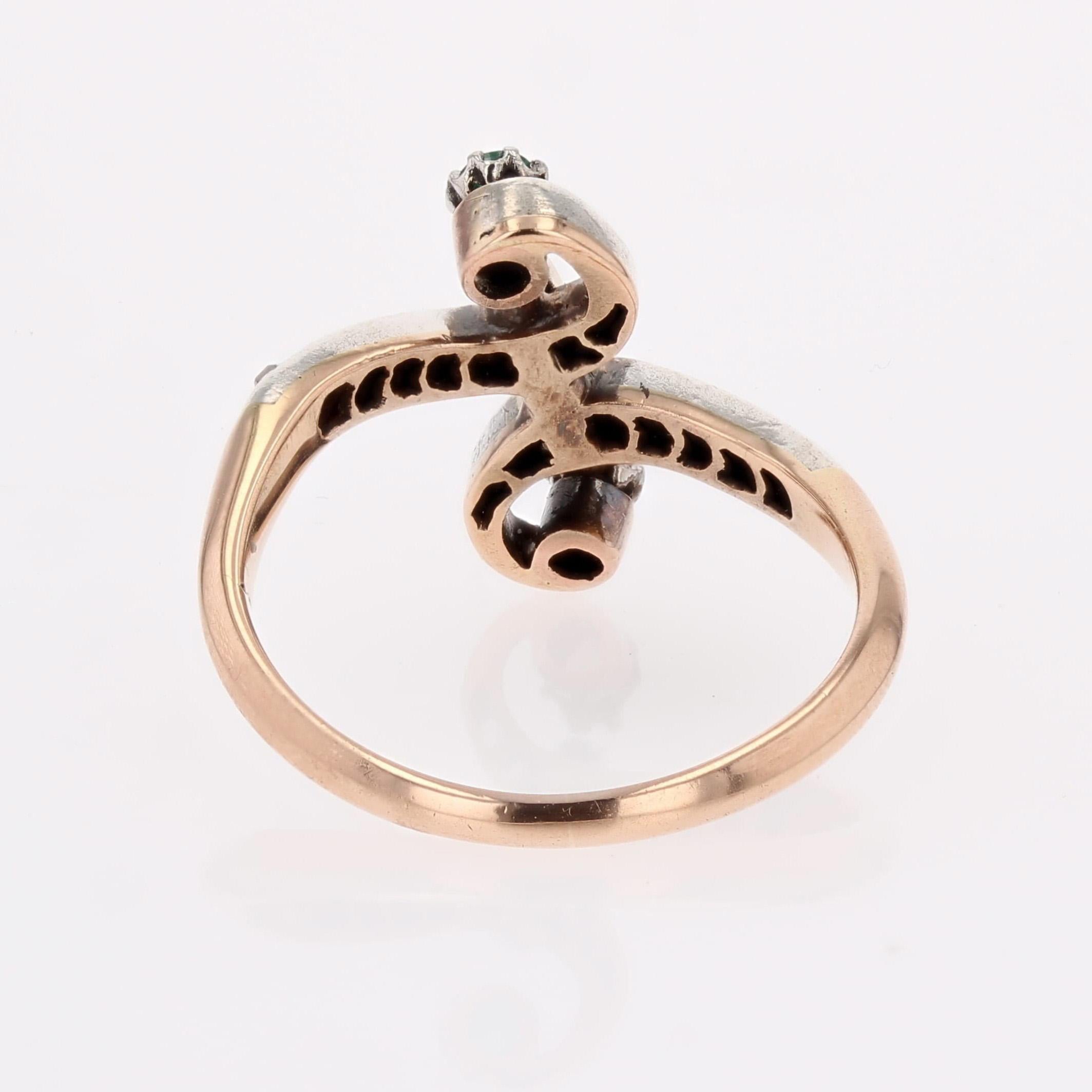 Smaragd-Diamant-Ring aus 18 Karat Roségold aus dem 19. Jahrhundert Du und ich im Angebot 2