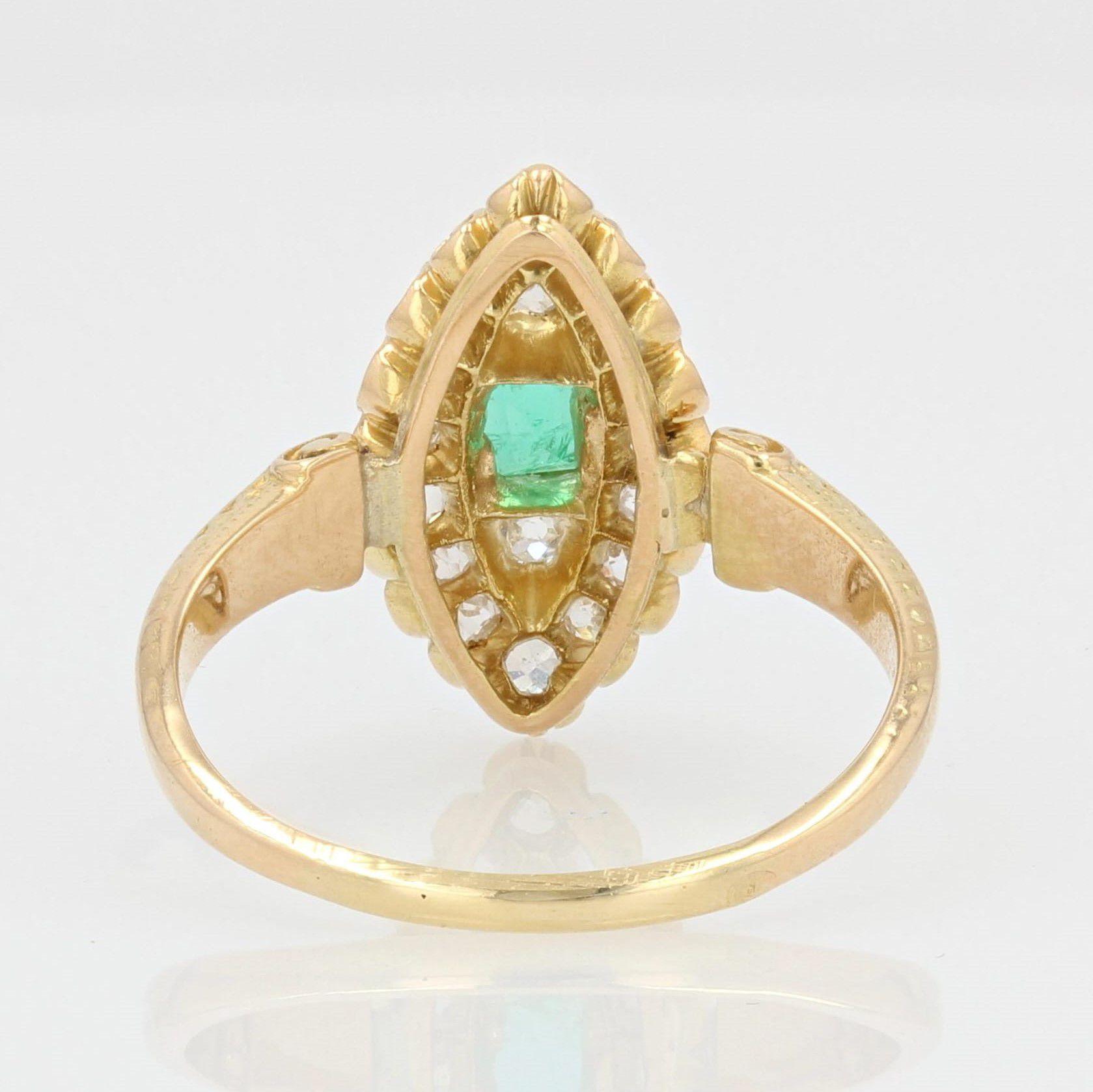 19th Century Emerald Diamond 18 Karat Yellow Gold Marquise Ring For Sale 7