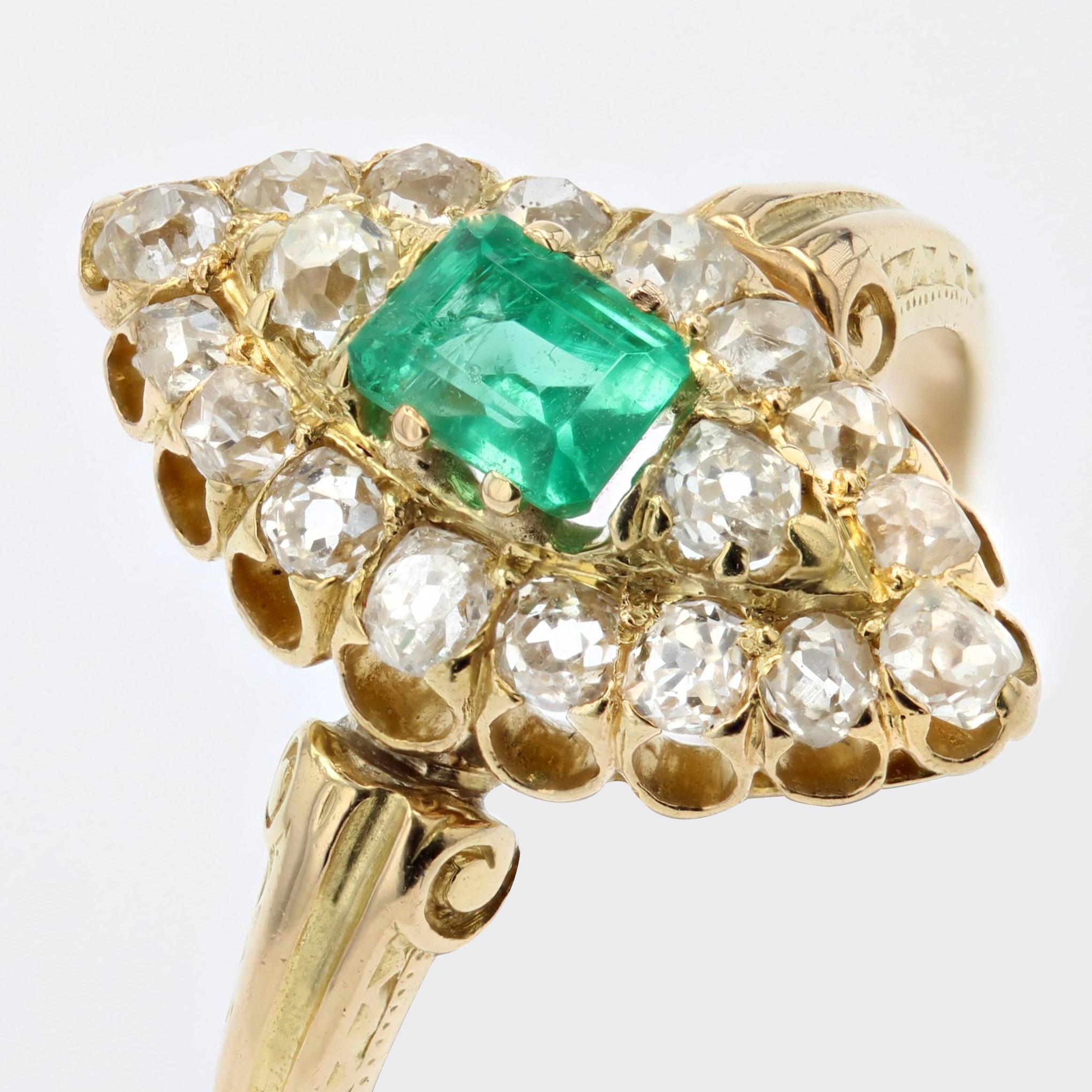 19th Century Emerald Diamond 18 Karat Yellow Gold Marquise Ring For Sale 2