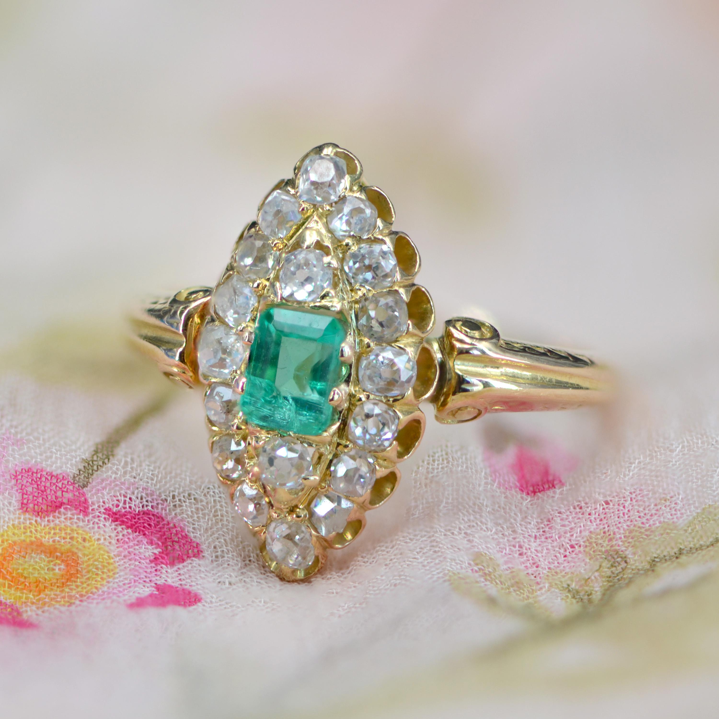 Emerald Cut 19th Century Emerald Diamond 18 Karat Yellow Gold Marquise Ring For Sale