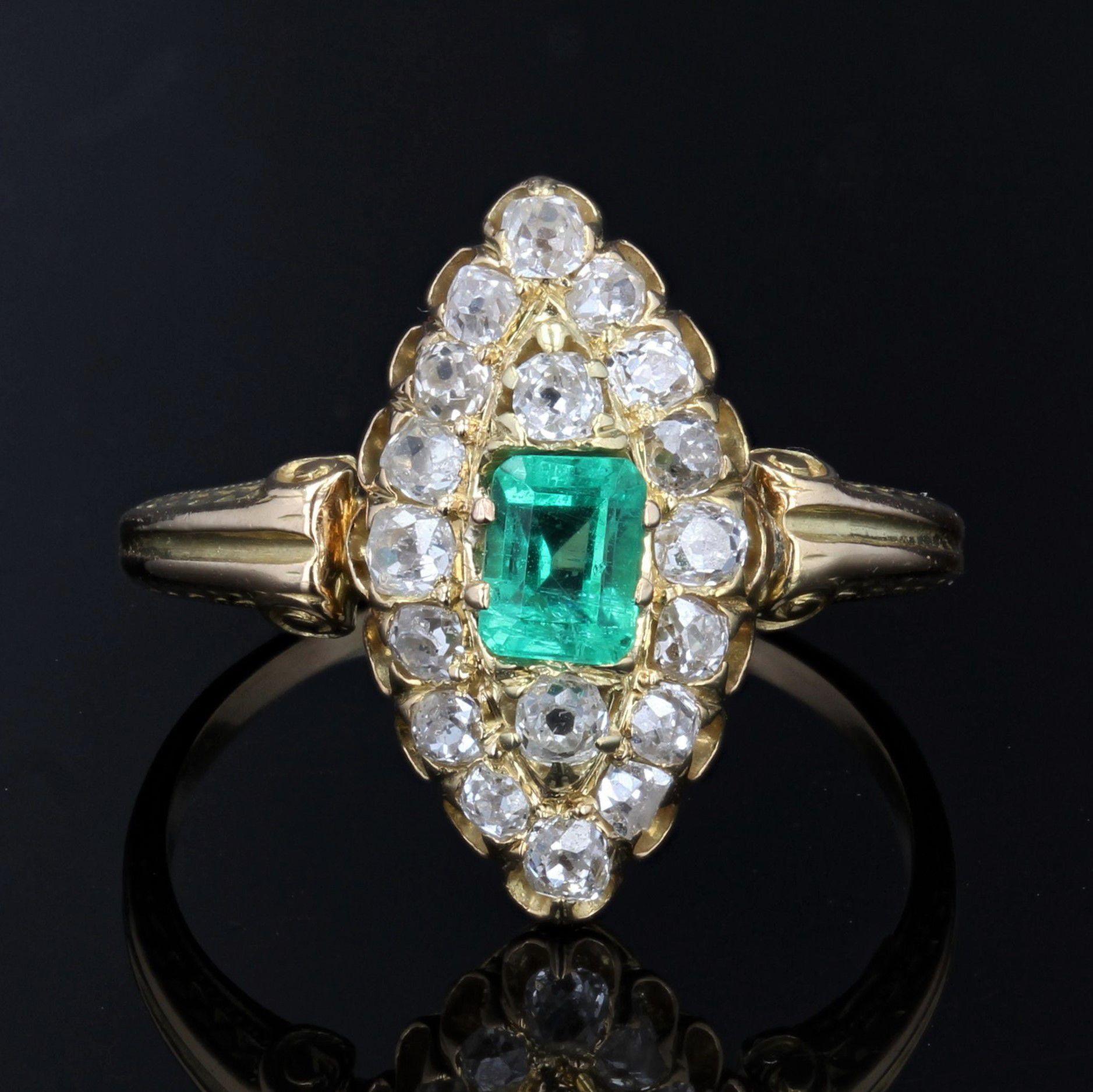 Napoleon III 19th Century Emerald Diamond 18 Karat Yellow Gold Marquise Ring For Sale