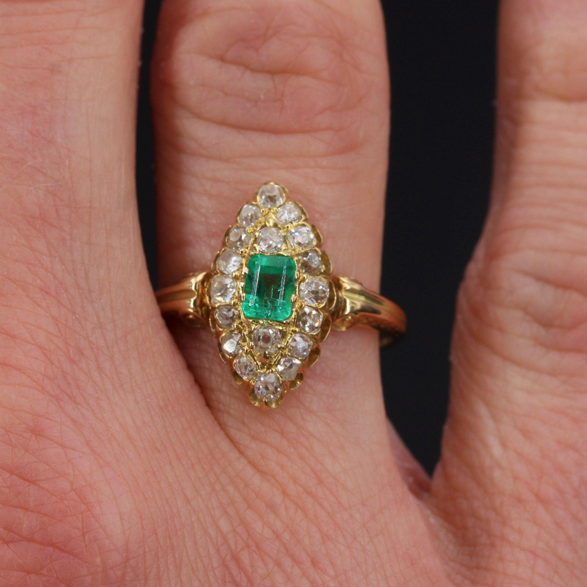 Women's 19th Century Emerald Diamond 18 Karat Yellow Gold Marquise Ring For Sale