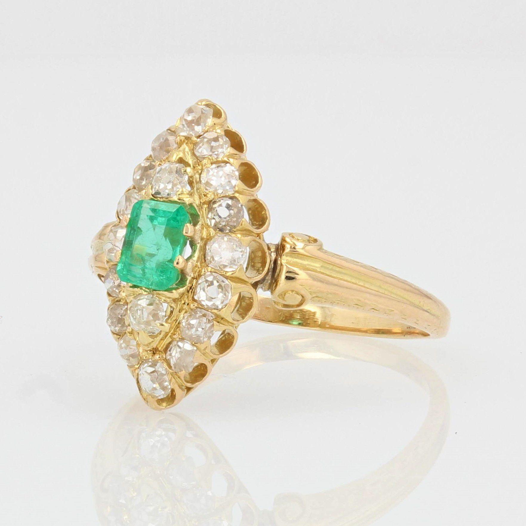 19th Century Emerald Diamond 18 Karat Yellow Gold Marquise Ring For Sale 1