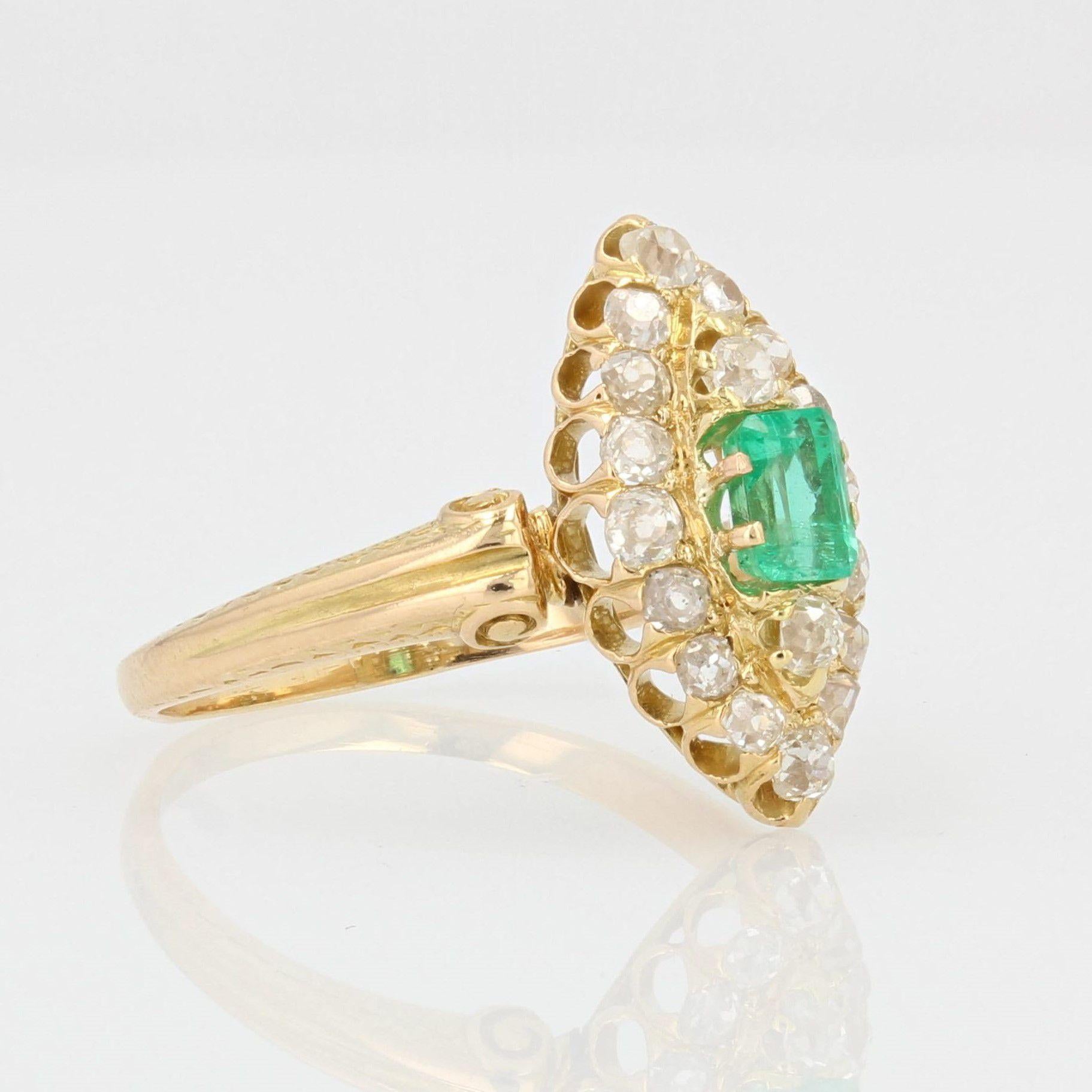 19th Century Emerald Diamond 18 Karat Yellow Gold Marquise Ring For Sale 3