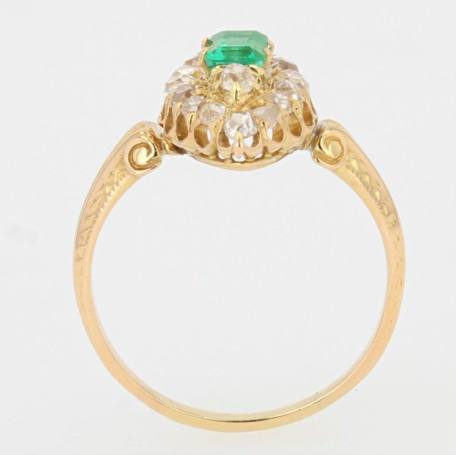 19th Century Emerald Diamond 18 Karat Yellow Gold Marquise Ring For Sale 6