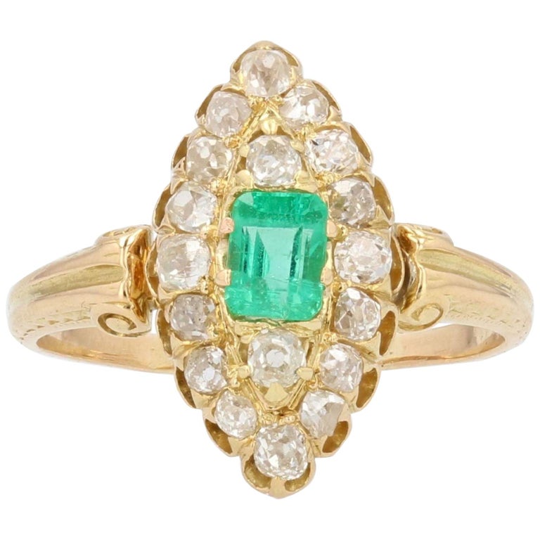 19th Century Emerald Diamond 18 Karat Yellow Gold Marquise Ring For ...