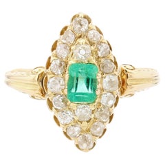 Antique 19th Century Emerald Diamond 18 Karat Yellow Gold Marquise Ring