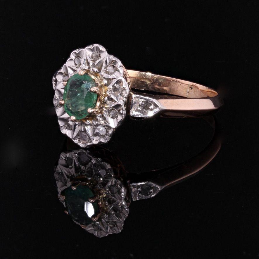 Napoleon III 19th Century Emerald Diamonds 18 Karat Rose Gold Pompadour Ring