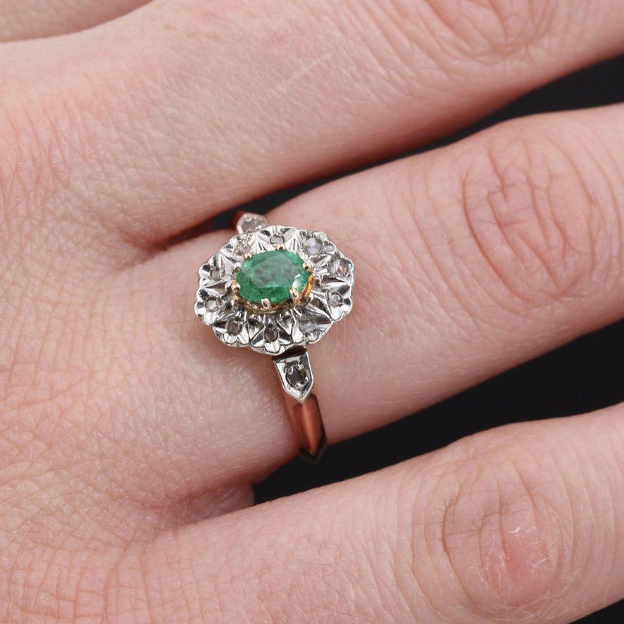 Rose Cut 19th Century Emerald Diamonds 18 Karat Rose Gold Pompadour Ring