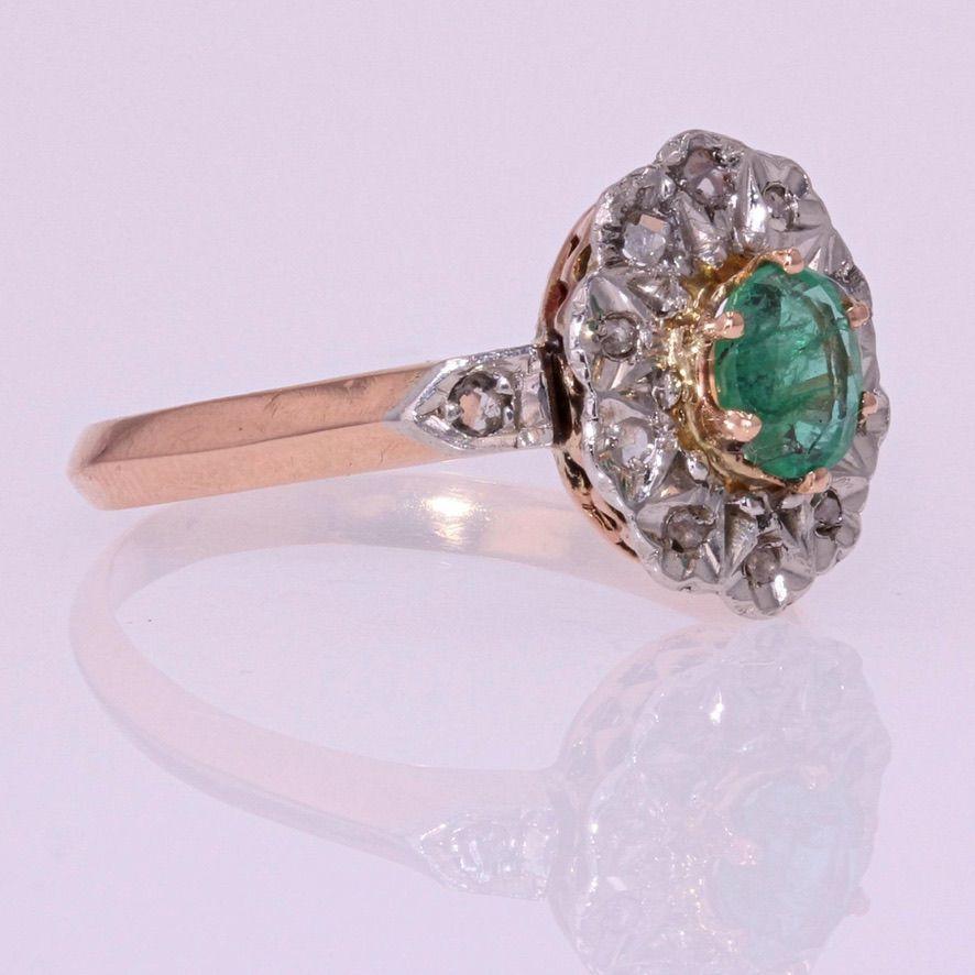 Women's 19th Century Emerald Diamonds 18 Karat Rose Gold Pompadour Ring
