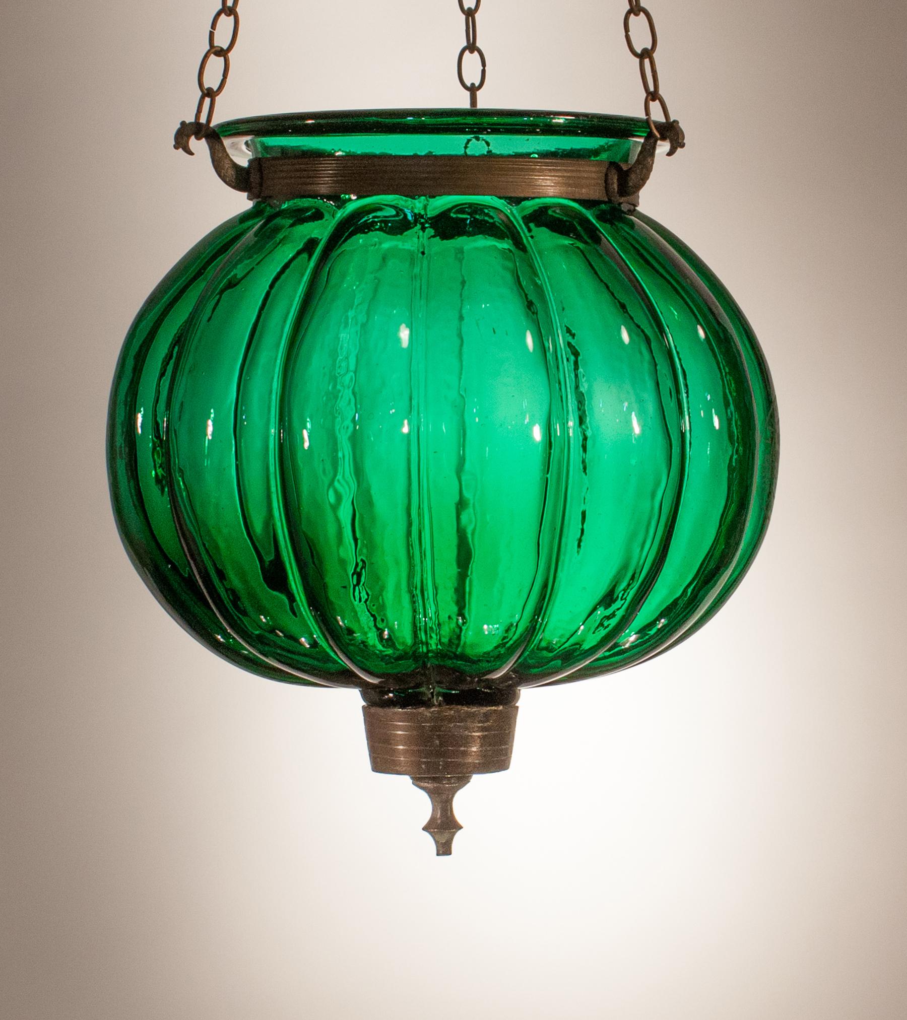 Antique Emerald Green Pumpkin or Melon Bell Jar Lantern 4