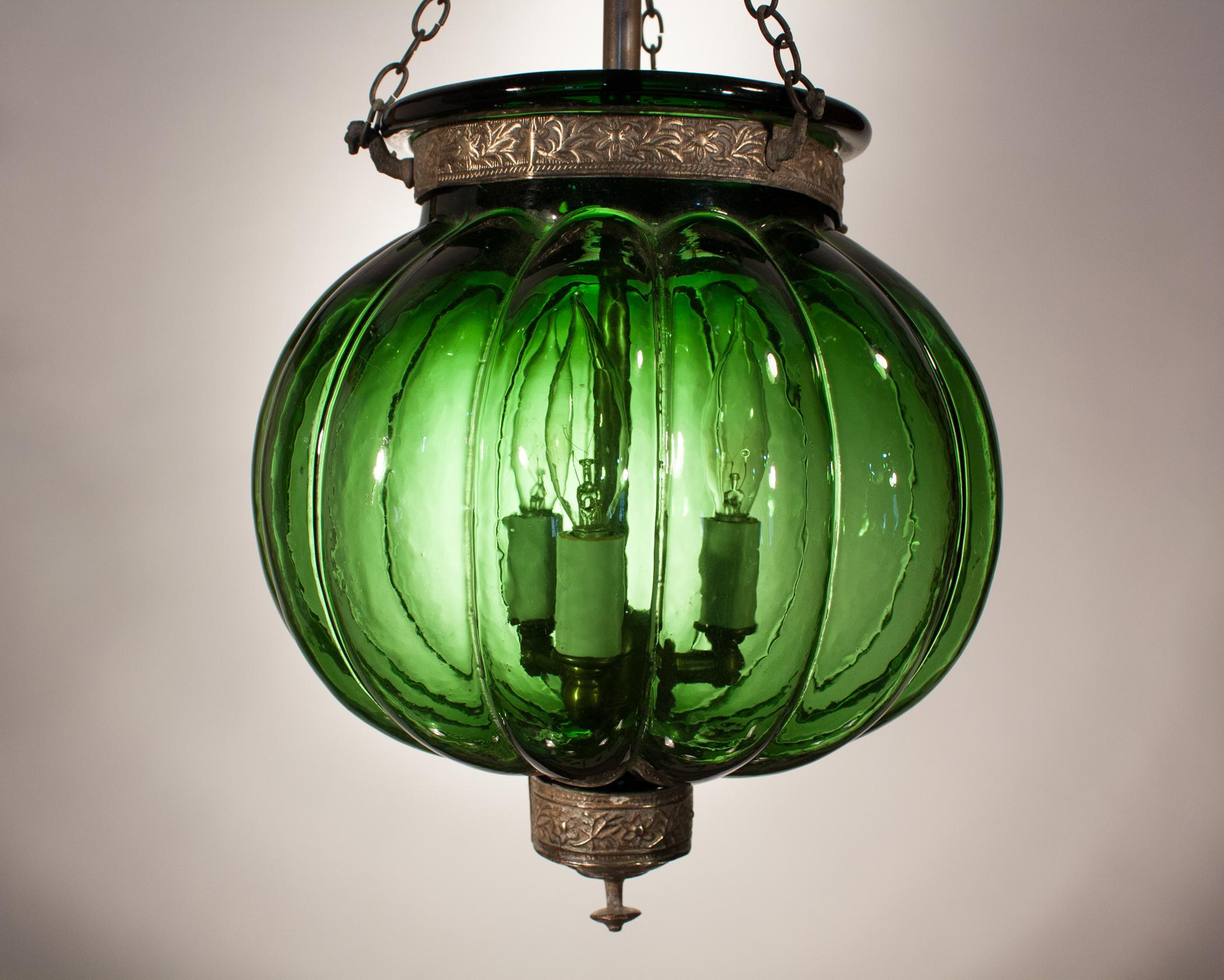 Belgian 19th Century Emerald Green Pumpkin or Melon Bell Jar Lantern