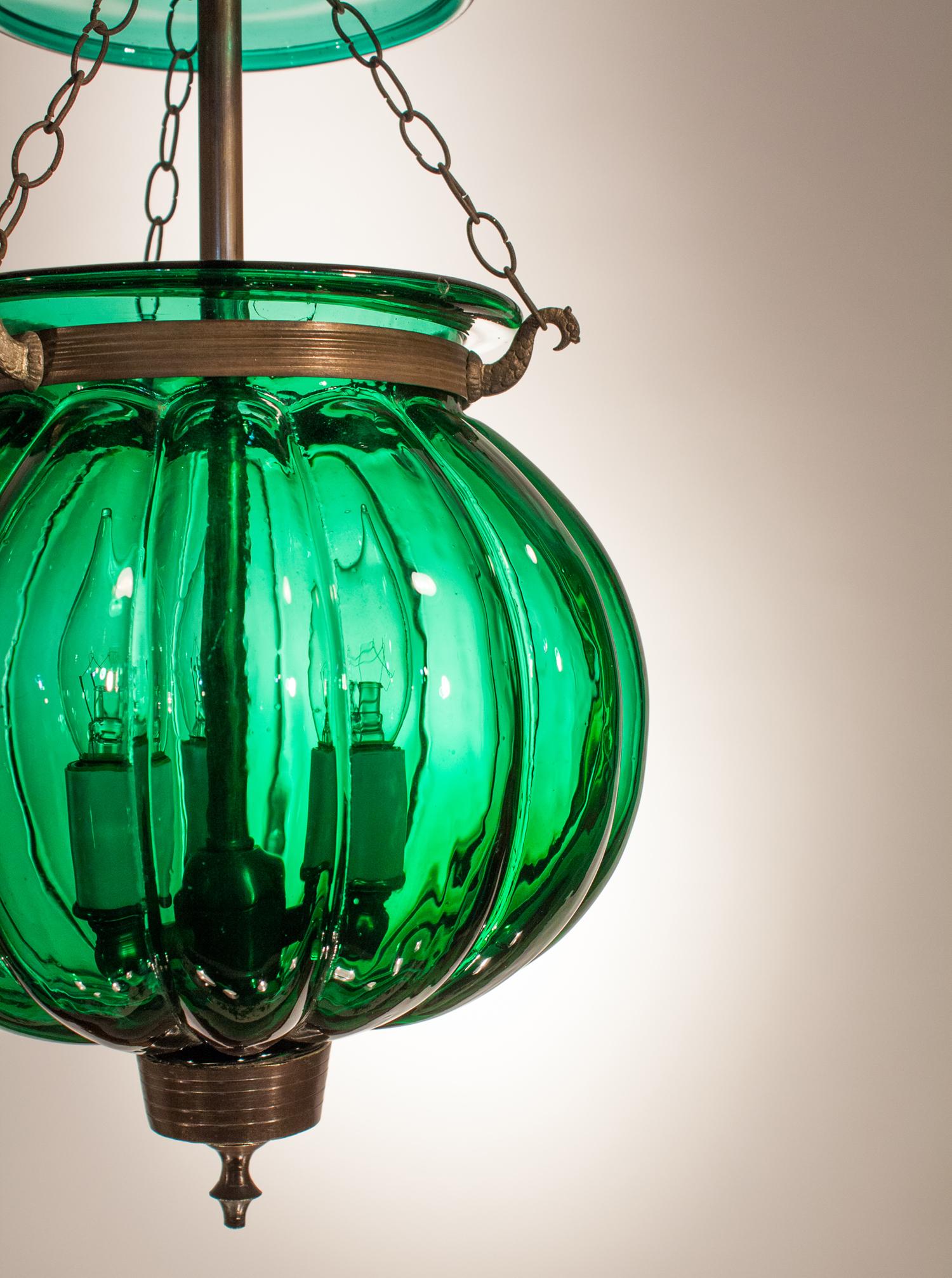 High Victorian Antique Emerald Green Pumpkin or Melon Bell Jar Lantern
