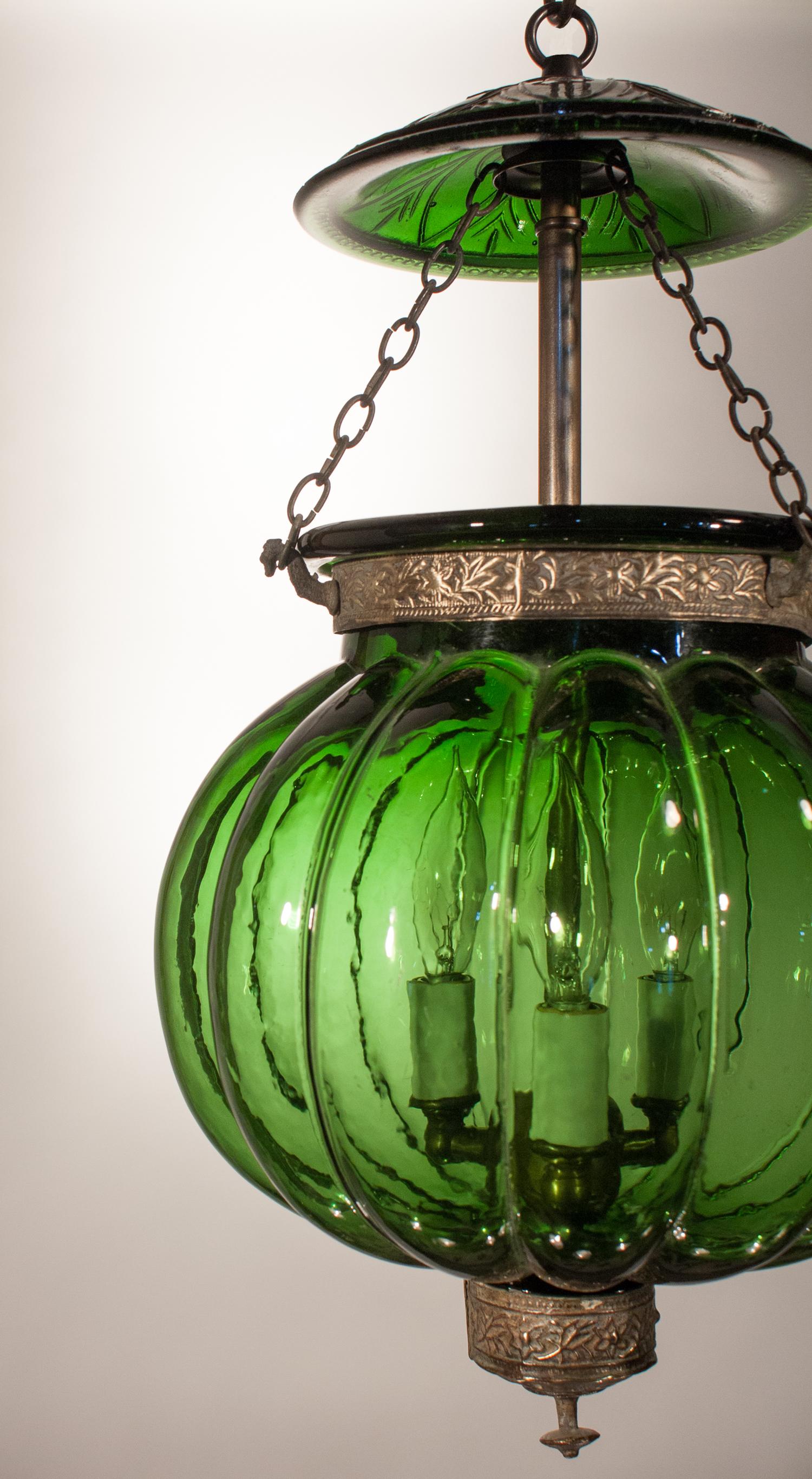 Embossed 19th Century Emerald Green Pumpkin or Melon Bell Jar Lantern
