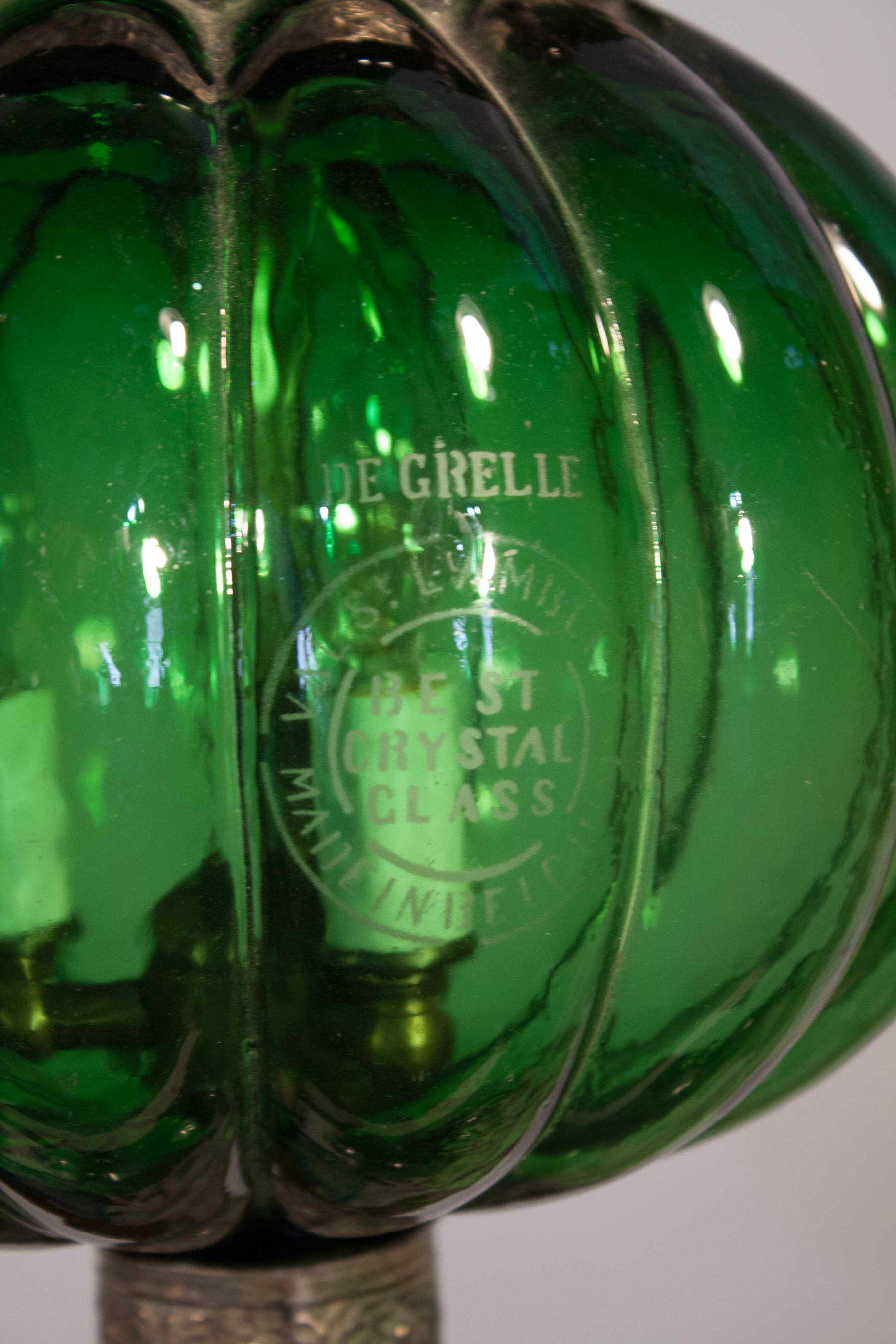 Brass 19th Century Emerald Green Pumpkin or Melon Bell Jar Lantern