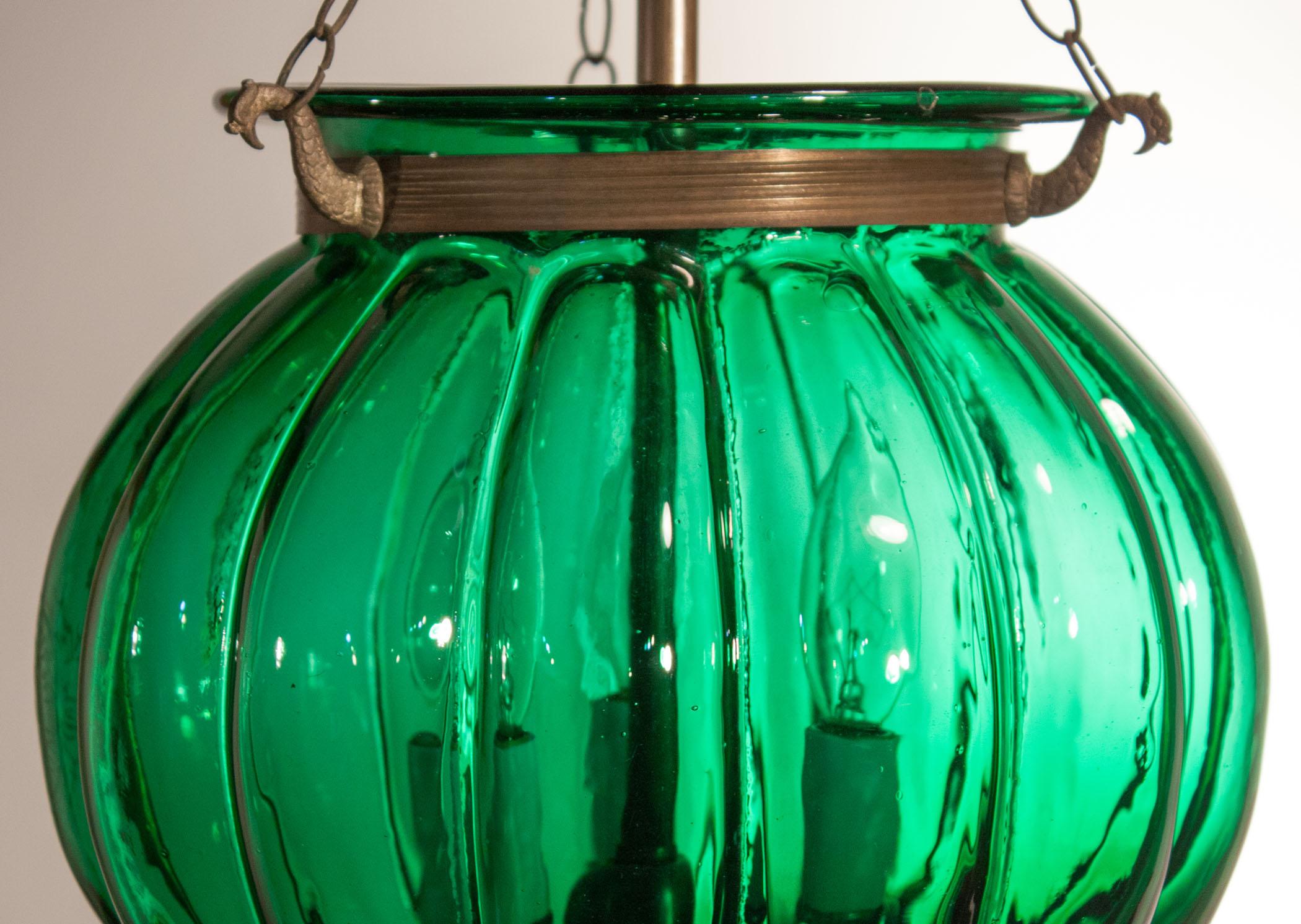 19th Century Antique Emerald Green Pumpkin or Melon Bell Jar Lantern