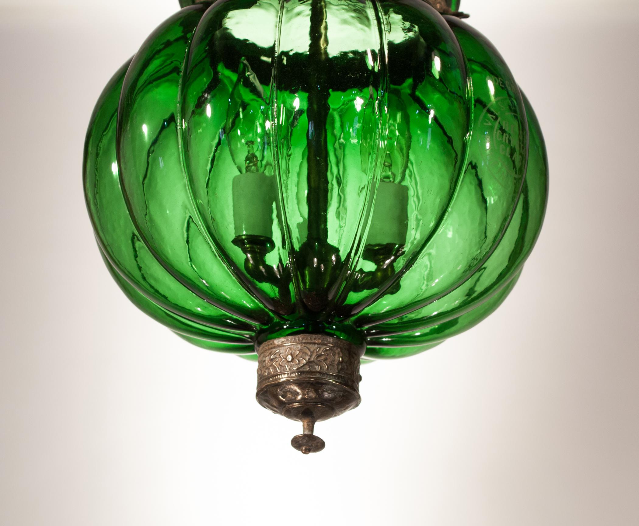 19th Century Emerald Green Pumpkin or Melon Bell Jar Lantern 1